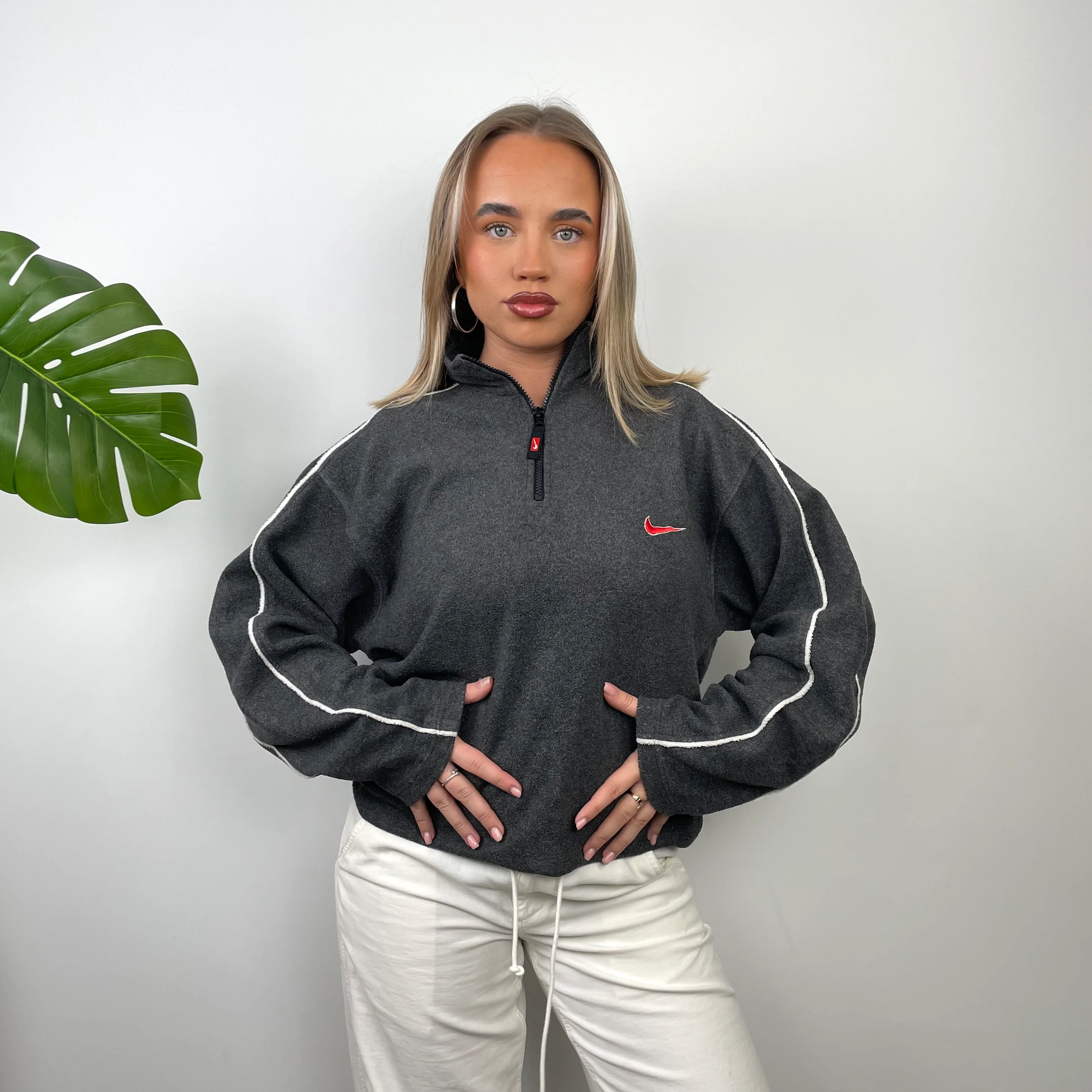 Nike Grey Embroidered Spell Out Teddy Bear Fleece Quarter Zip Sweatshirt (XL)