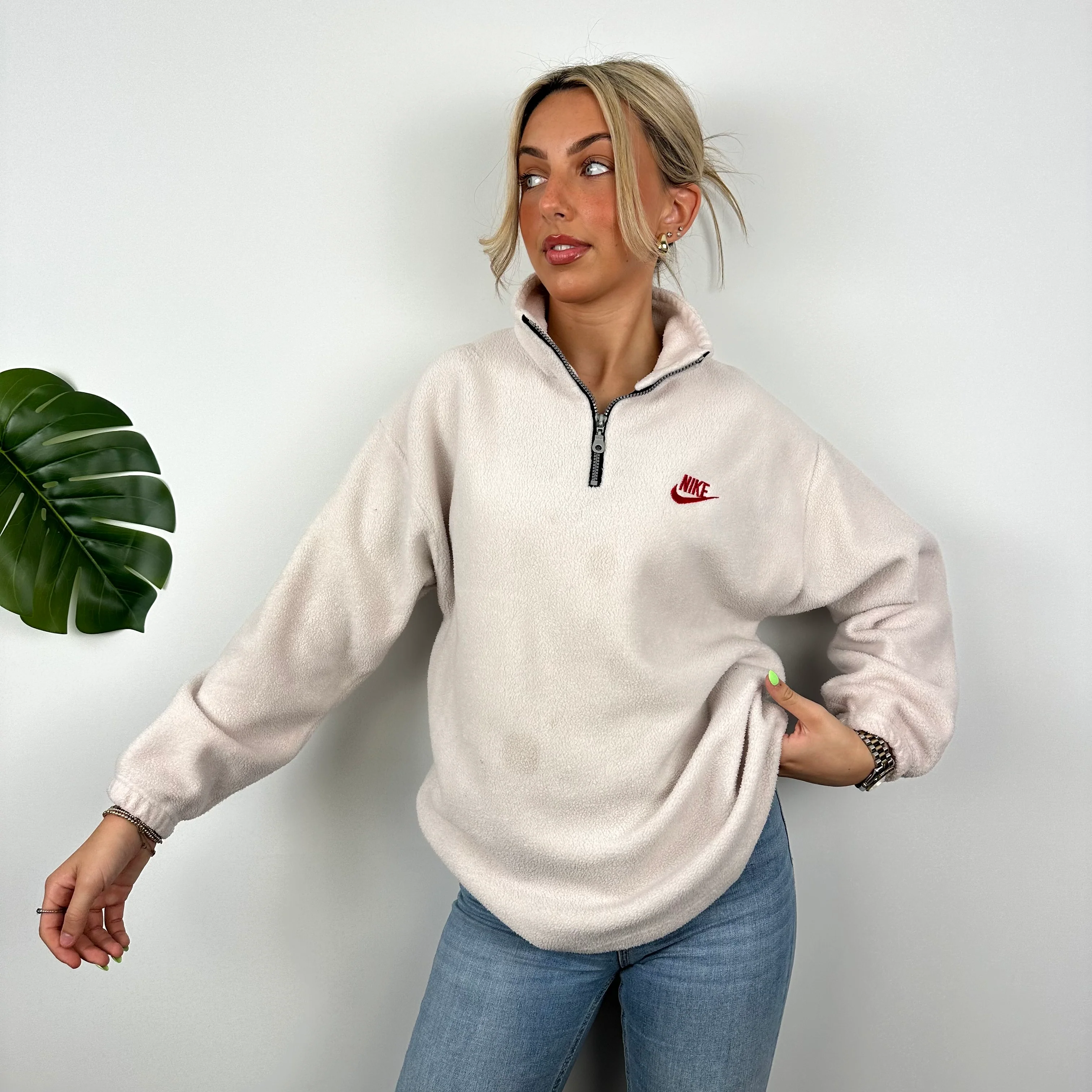 Nike Grey Embroidered Spell Out Teddy Bear Fleece Quarter Zip Sweatshirt (M) - Image 2