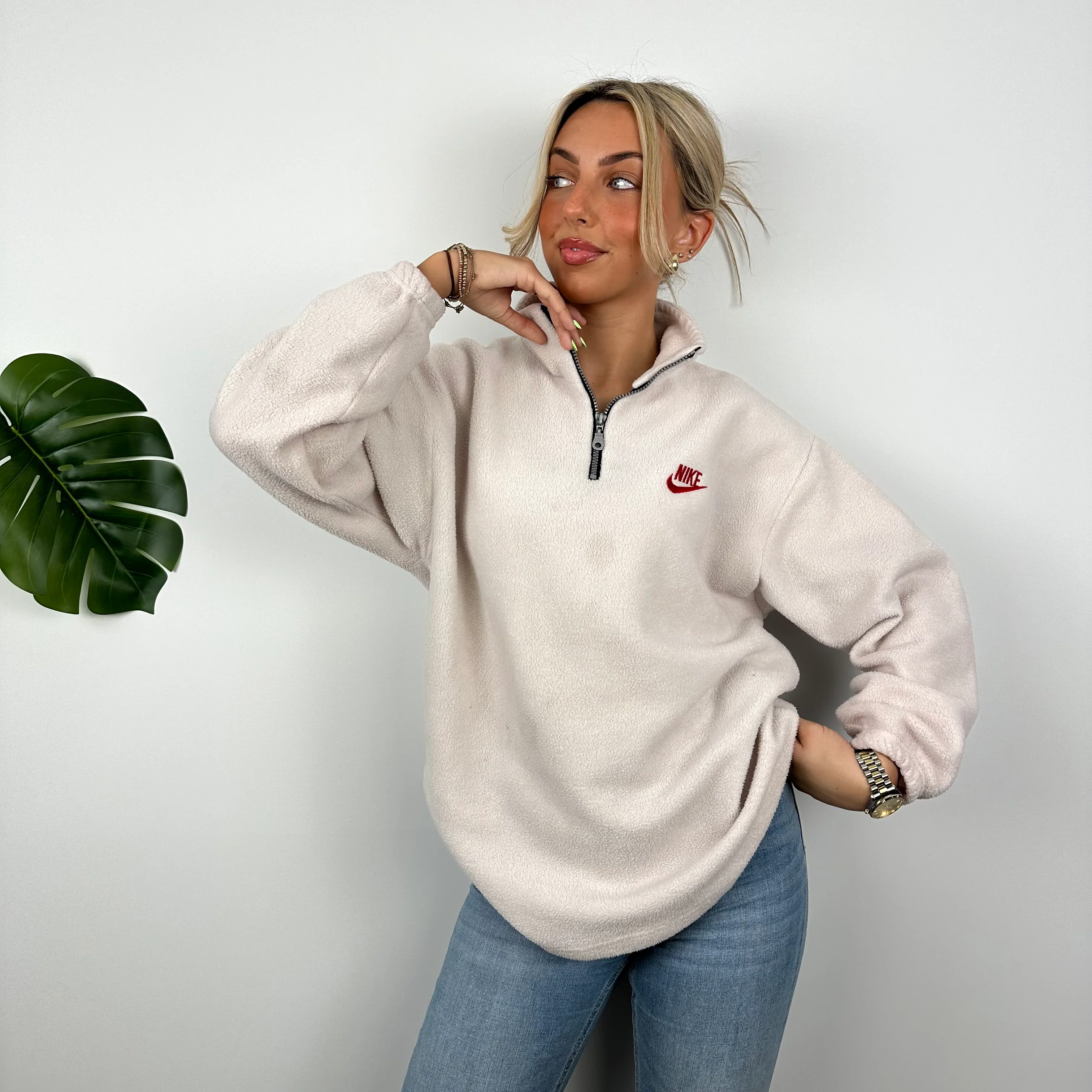 Nike Grey Embroidered Spell Out Teddy Bear Fleece Quarter Zip Sweatshirt (M) - Image 3