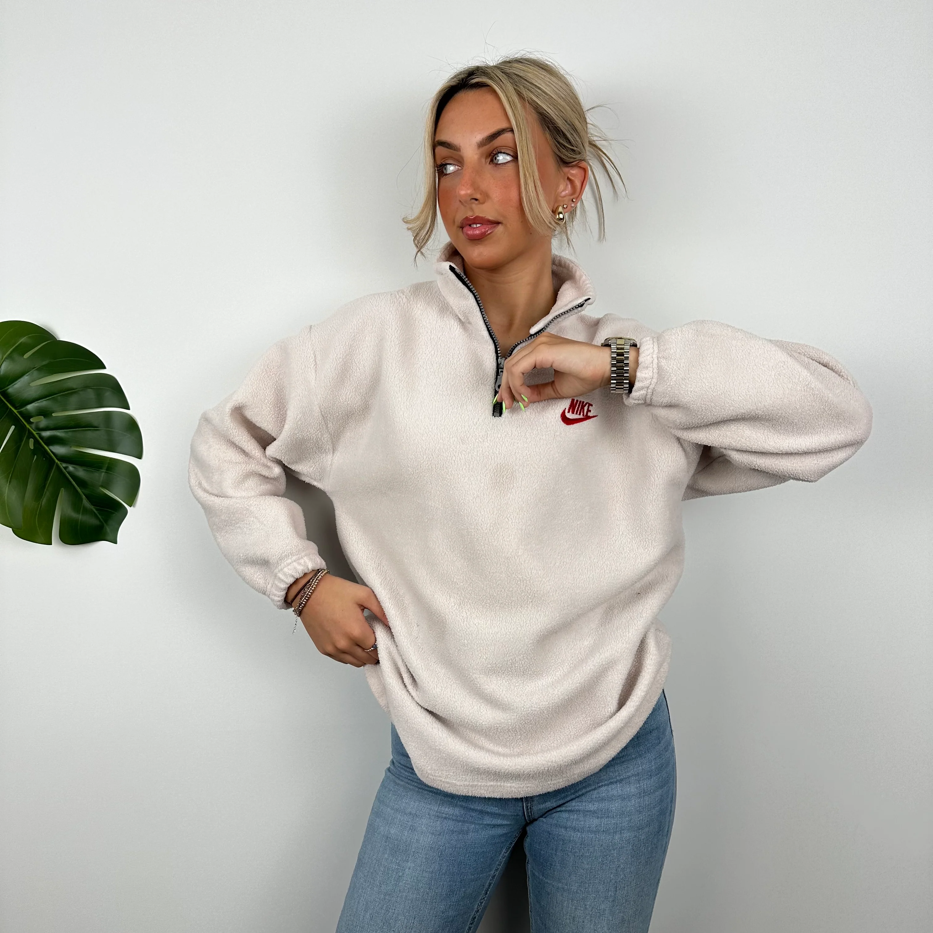 Nike Grey Embroidered Spell Out Teddy Bear Fleece Quarter Zip Sweatshirt (M) - Image 4