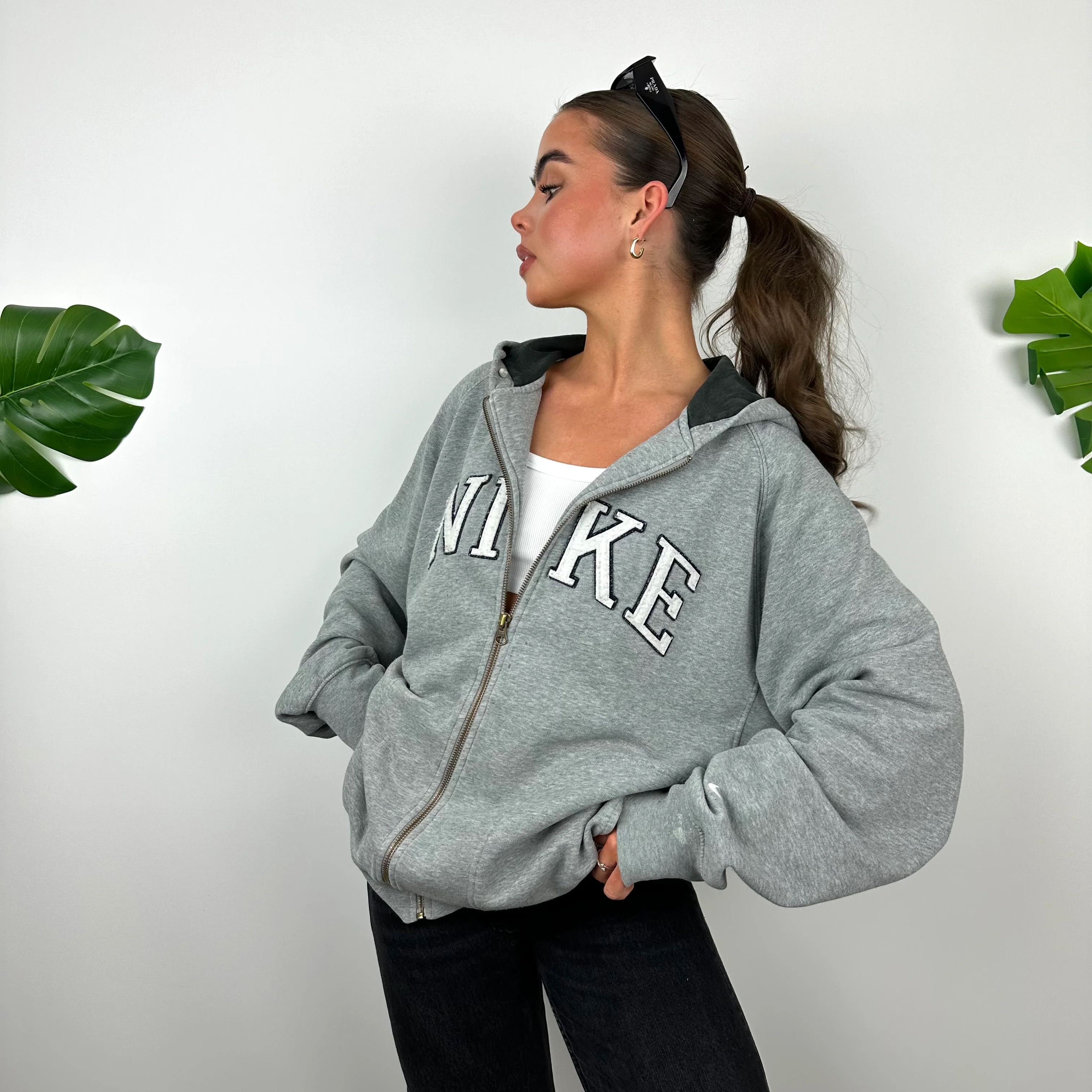 Nike Grey Embroidered Spell Out Zip Up Hoodie Jacket (L) - Image 8