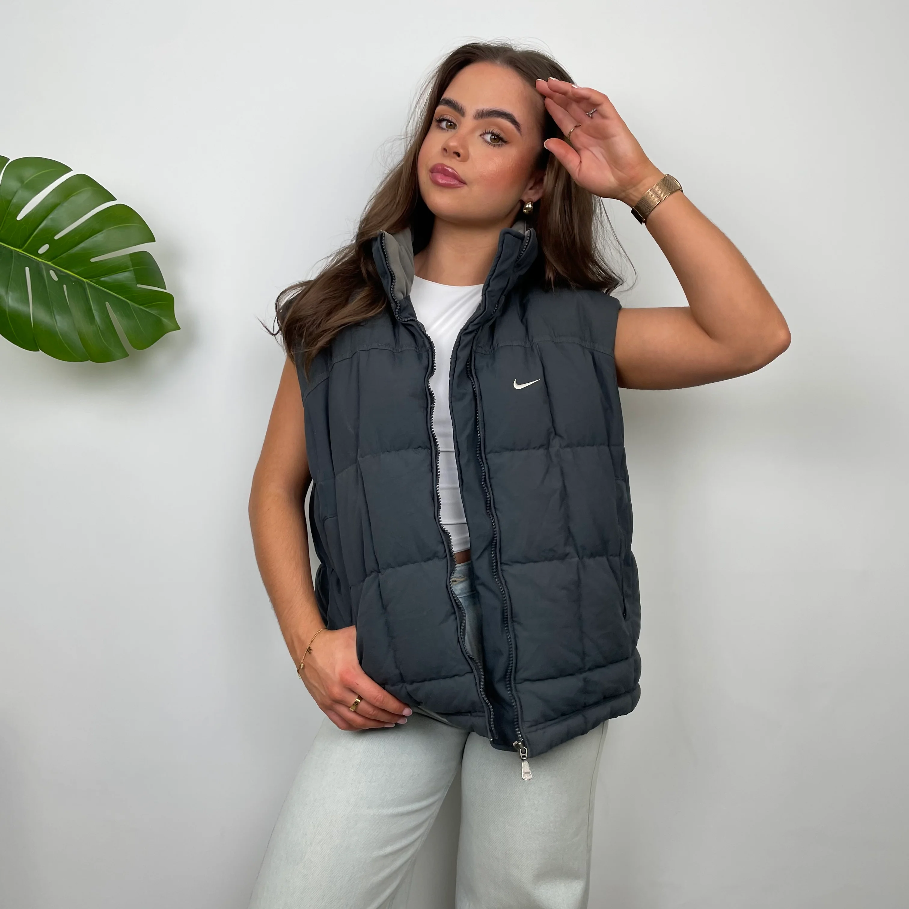 Nike Grey Embroidered Swoosh Puffer Gilet (M) - Image 2