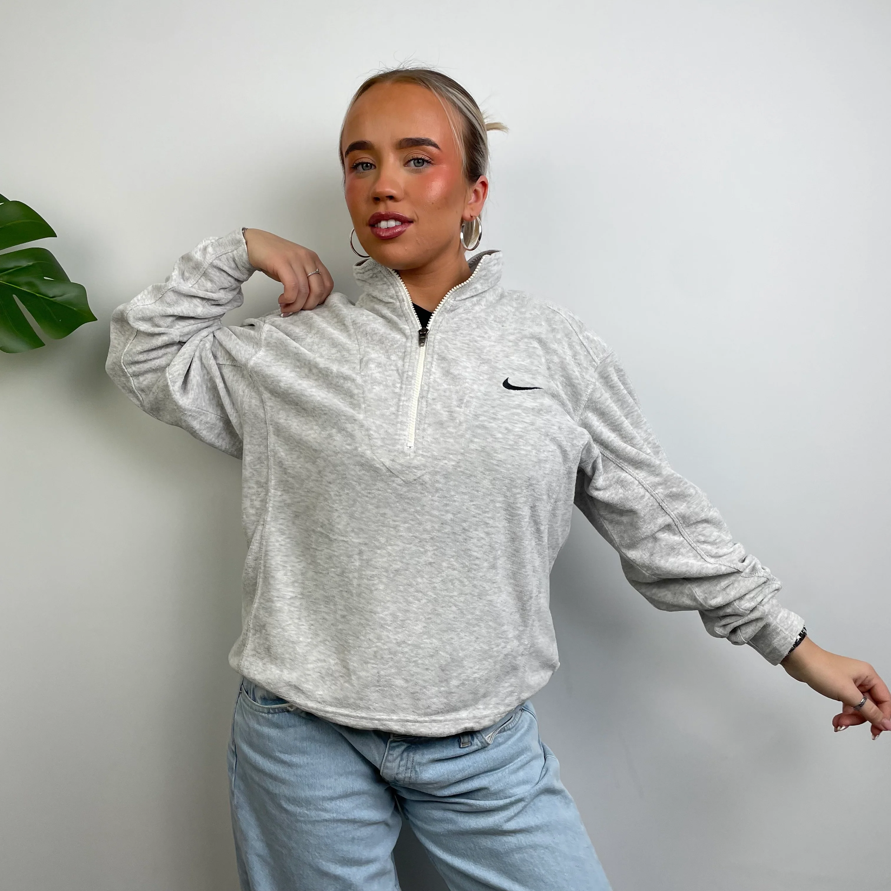 Nike Grey Embroidered Swoosh Quarter Zip Sweatshirt (S) - Image 3
