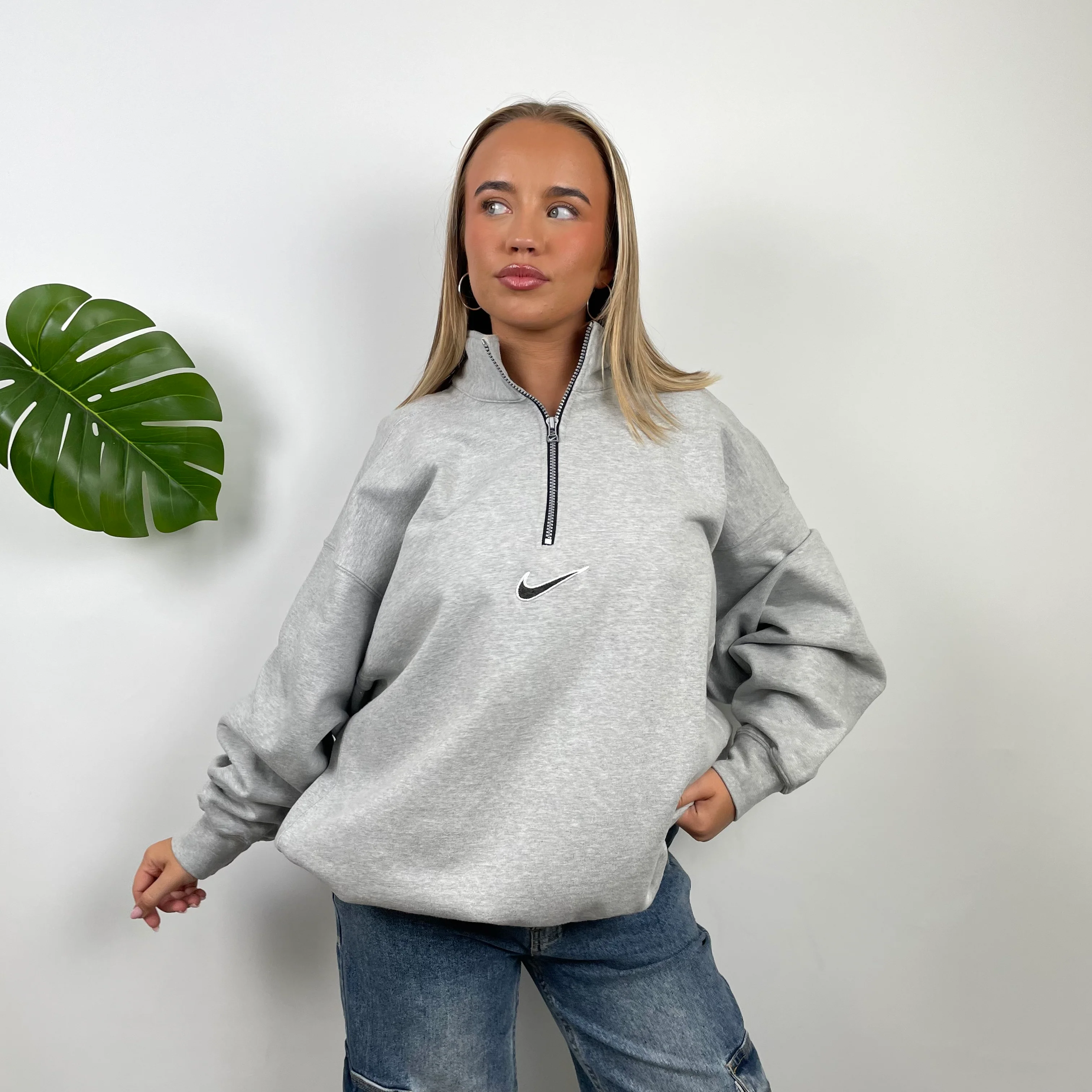 Nike Grey Embroidered Swoosh Quarter Zip Sweatshirt (XL) - Image 2