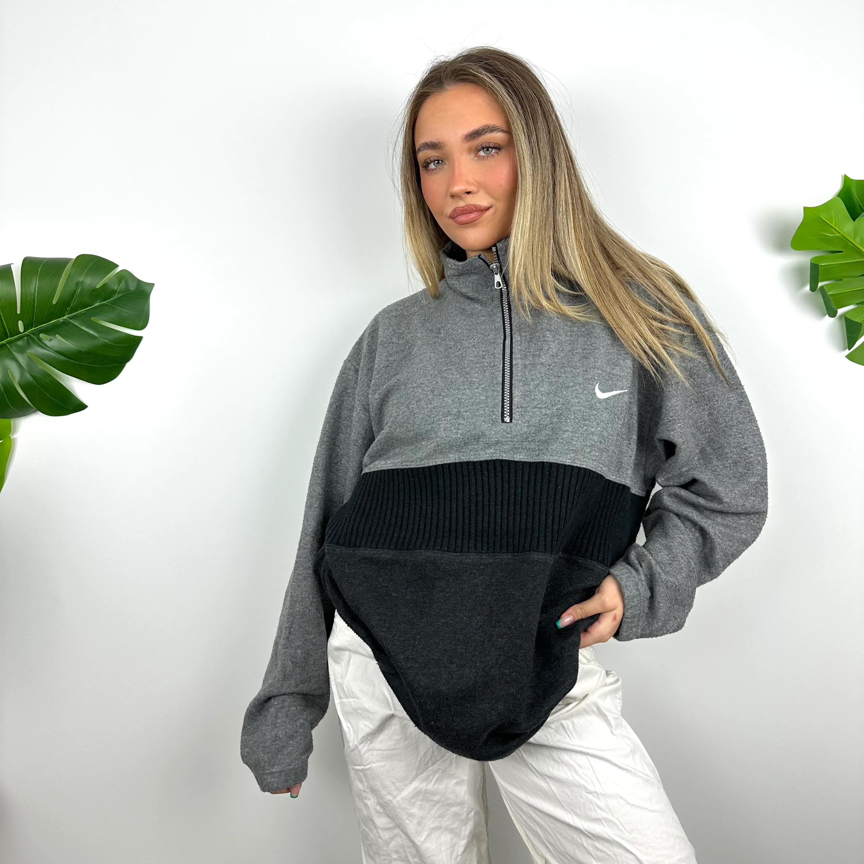 Nike Grey Embroidered Swoosh Quarter Zip Sweatshirt (L) - Image 5