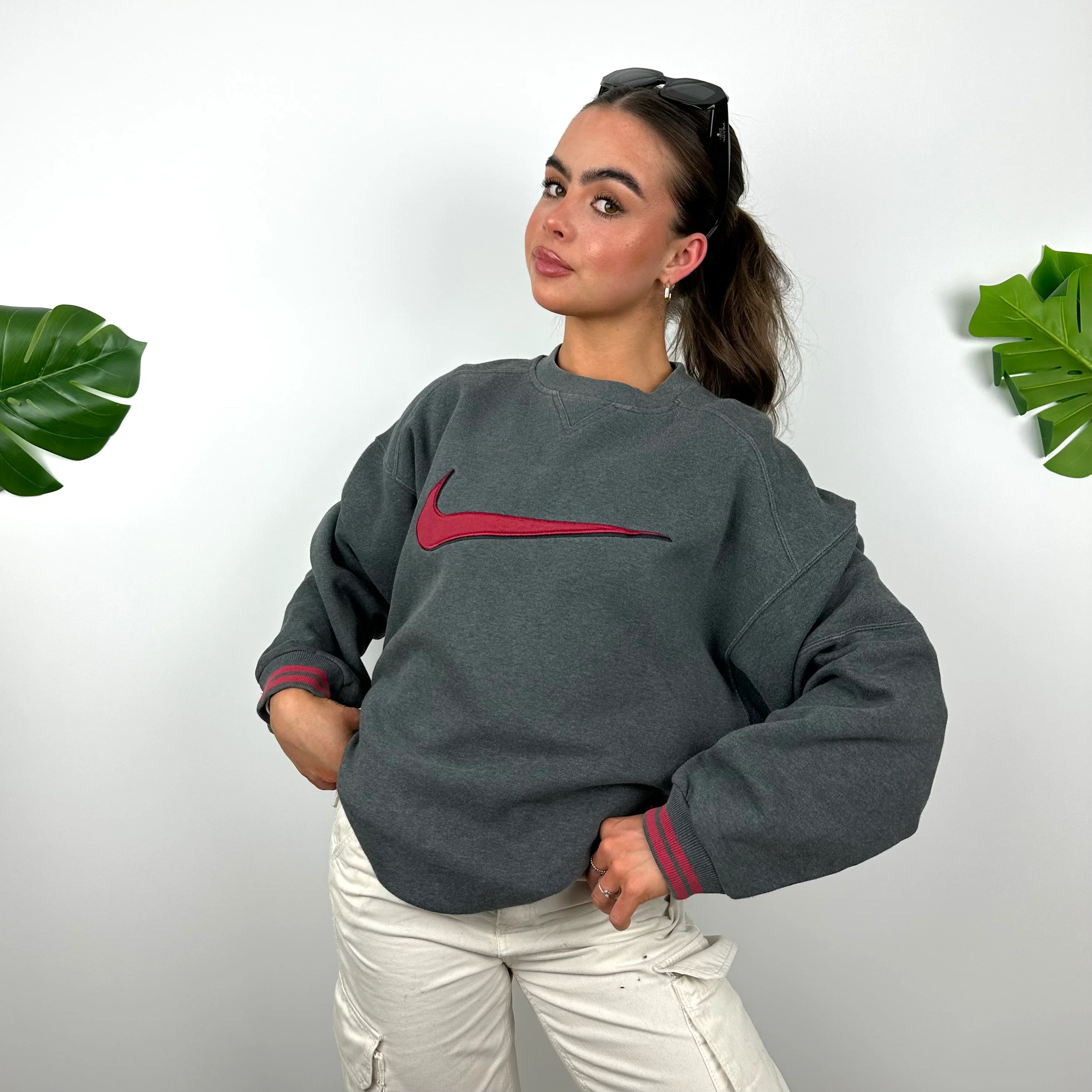 Nike Grey Embroidered Swoosh Sweatshirt (M) - Image 4