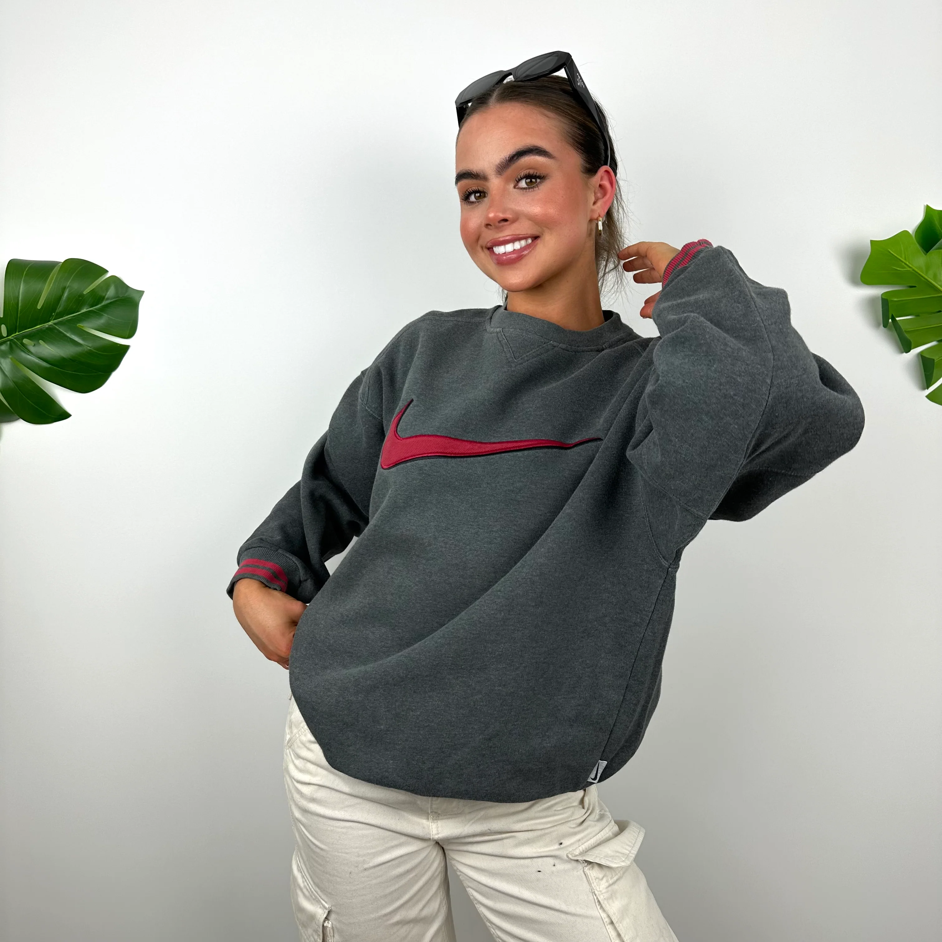 Nike Grey Embroidered Swoosh Sweatshirt (M) - Image 5