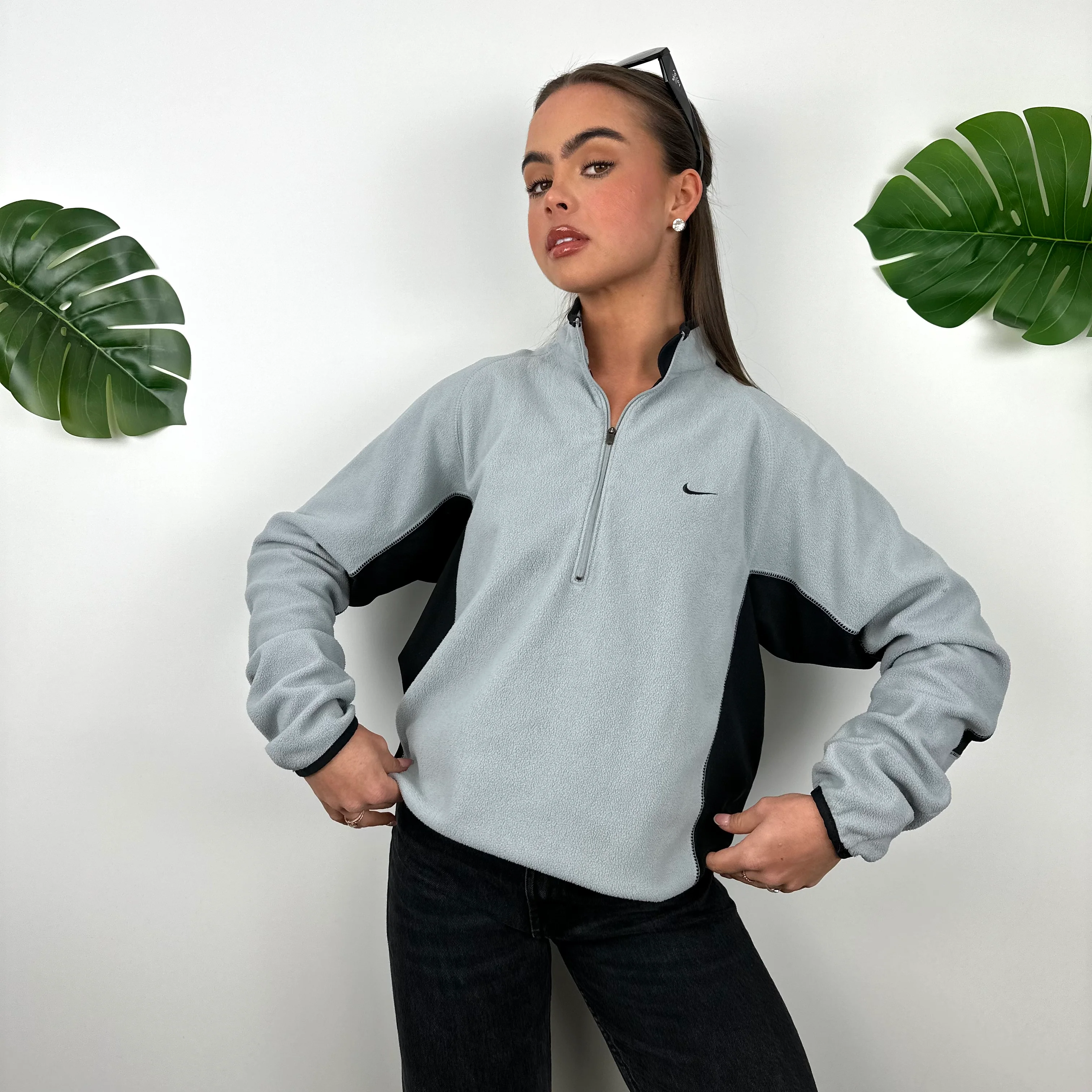 Nike Grey Embroidered Swoosh Teddy Bear Fleece Quarter Zip Sweatshirt (L) - Image 3