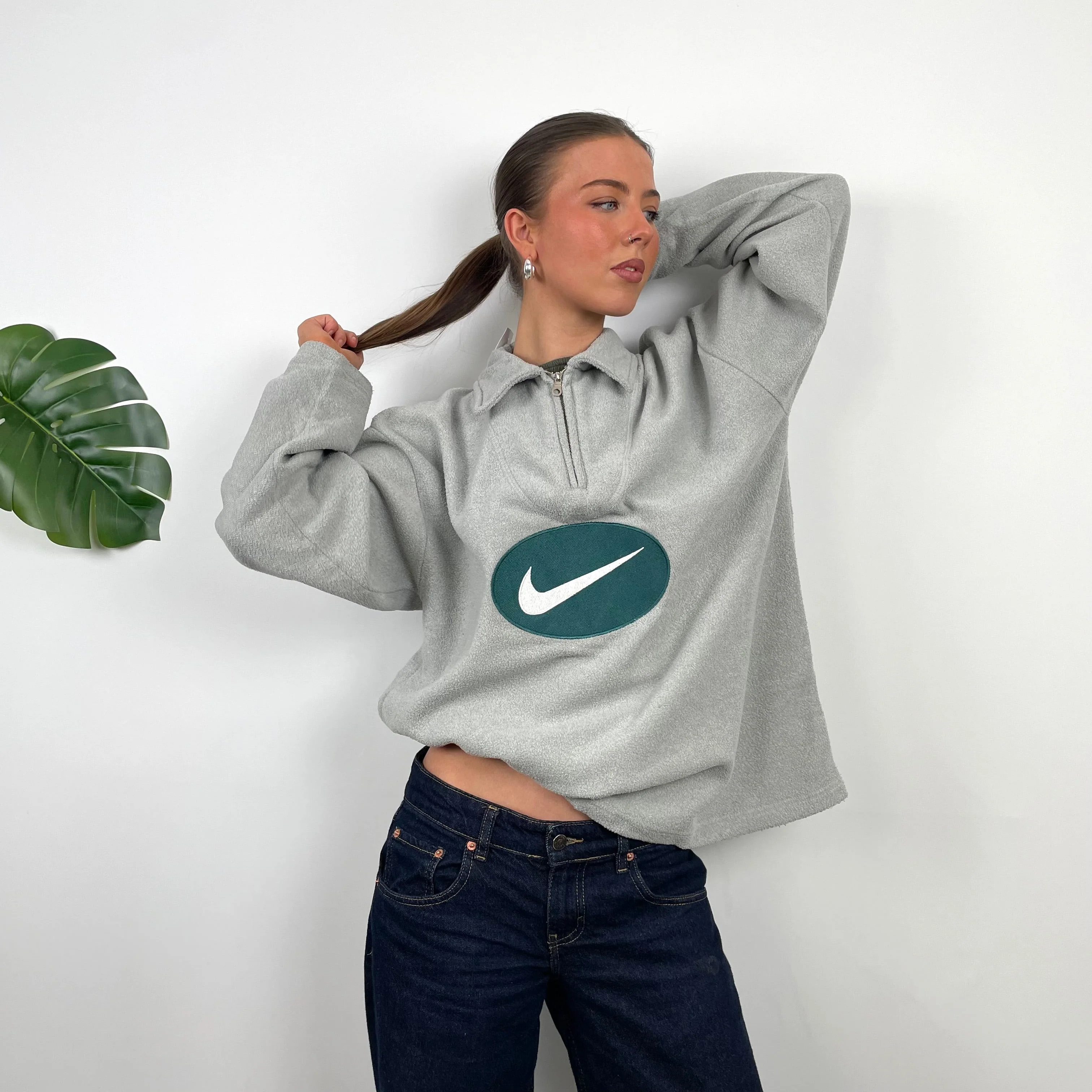 Nike Grey Embroidered Swoosh Teddy Bear Fleece Quarter Zip Sweatshirt (L)
