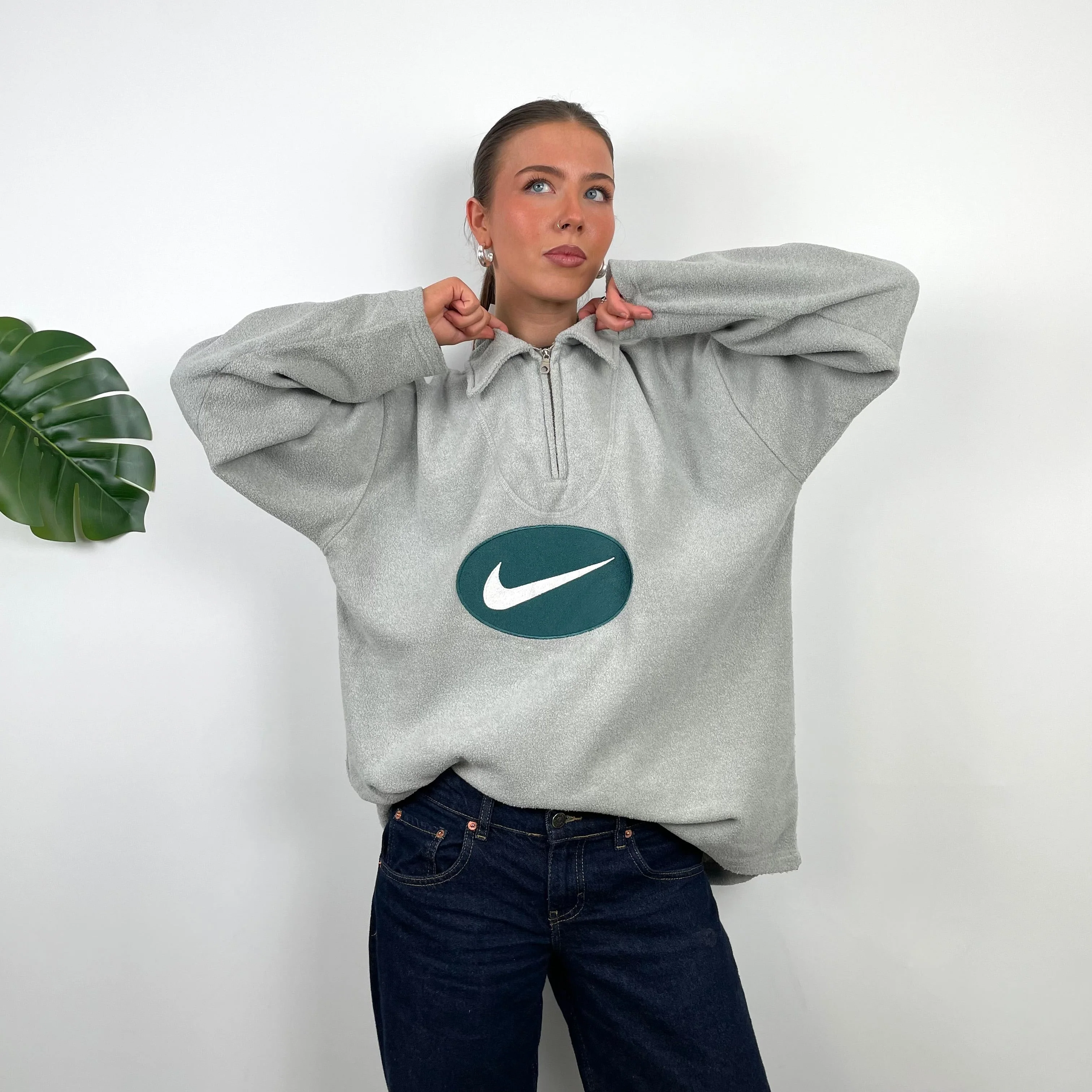 Nike Grey Embroidered Swoosh Teddy Bear Fleece Quarter Zip Sweatshirt (L) - Image 2
