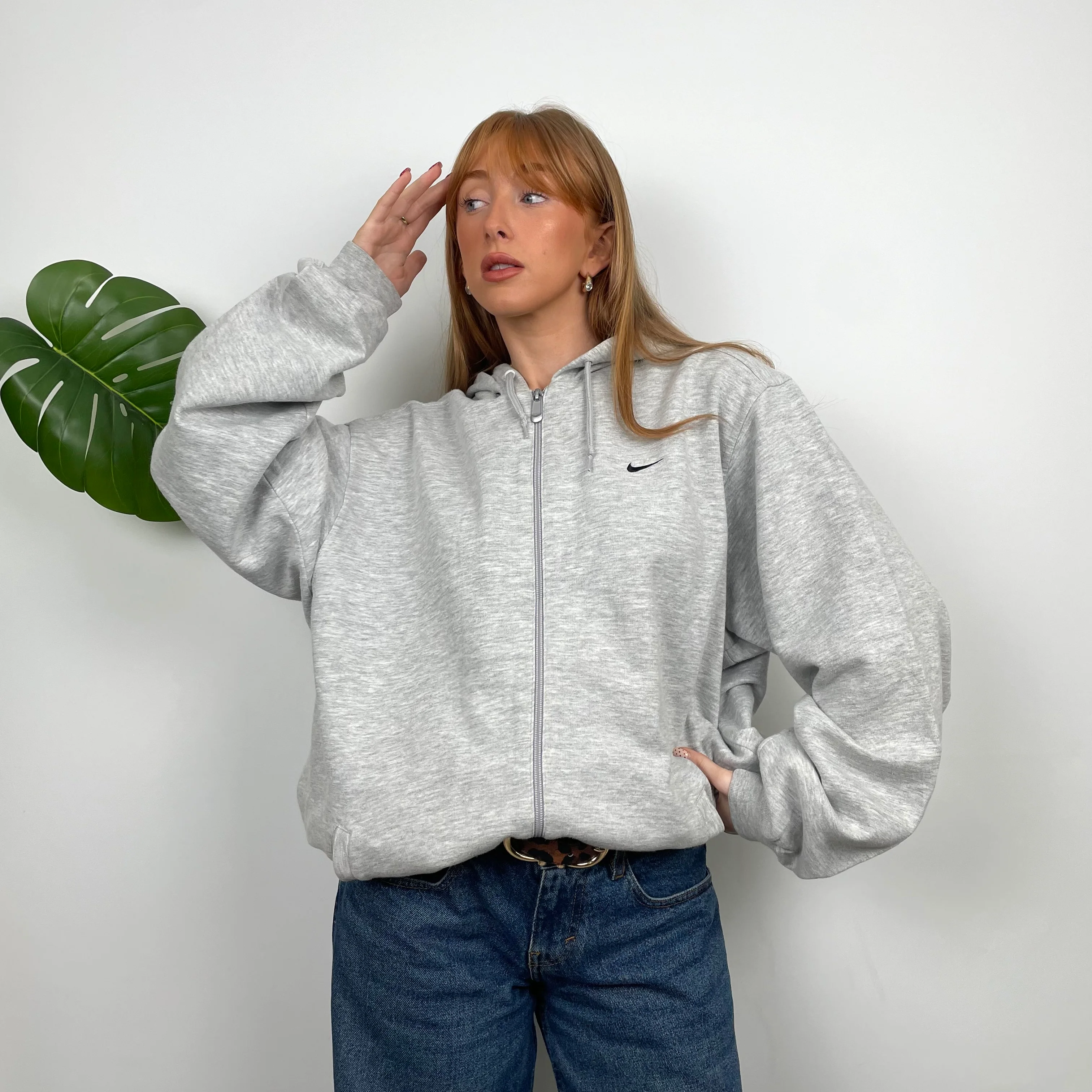 Nike Grey Embroidered Swoosh Zip Up Hoodie Jacket (M) - Image 2