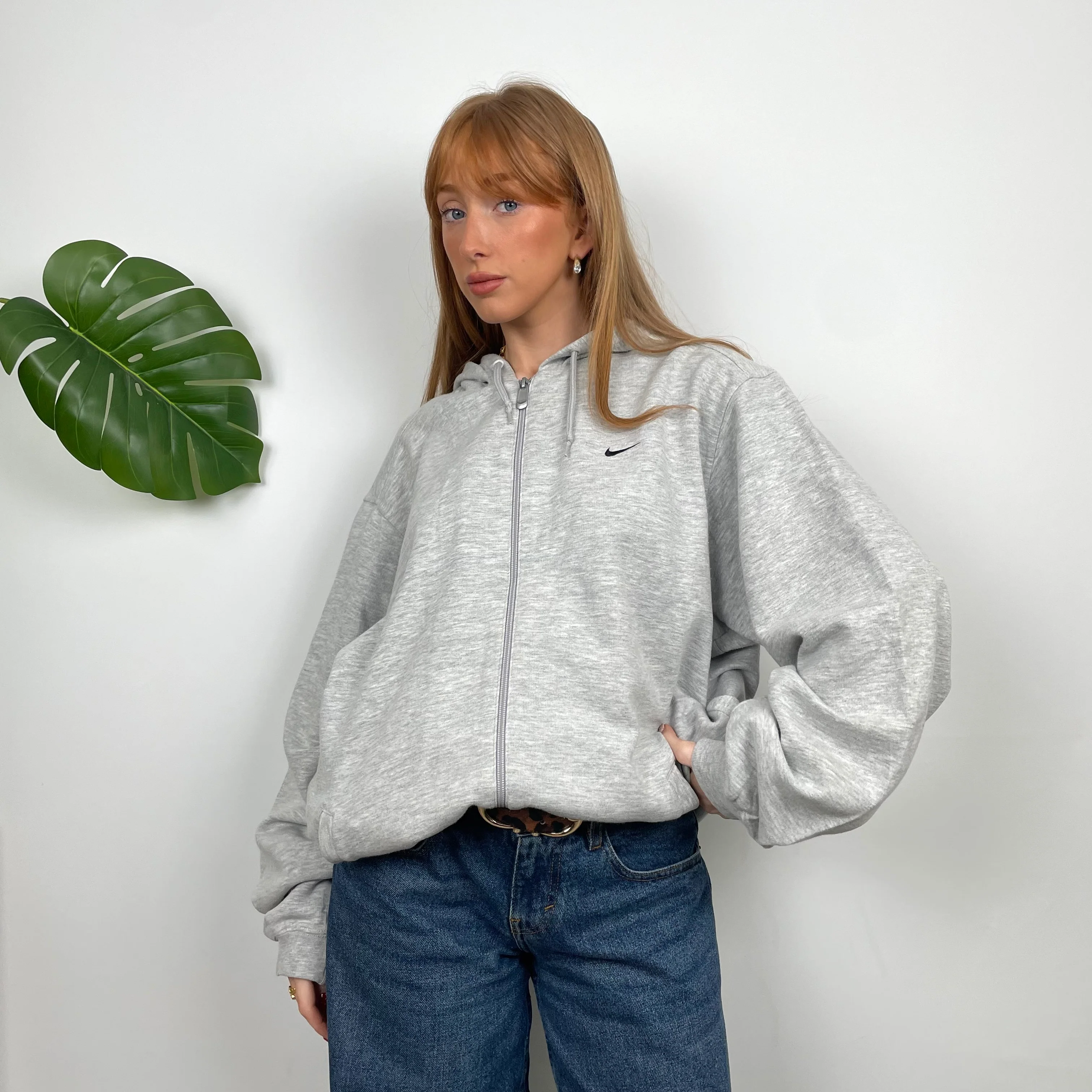 Nike Grey Embroidered Swoosh Zip Up Hoodie Jacket (M) - Image 3