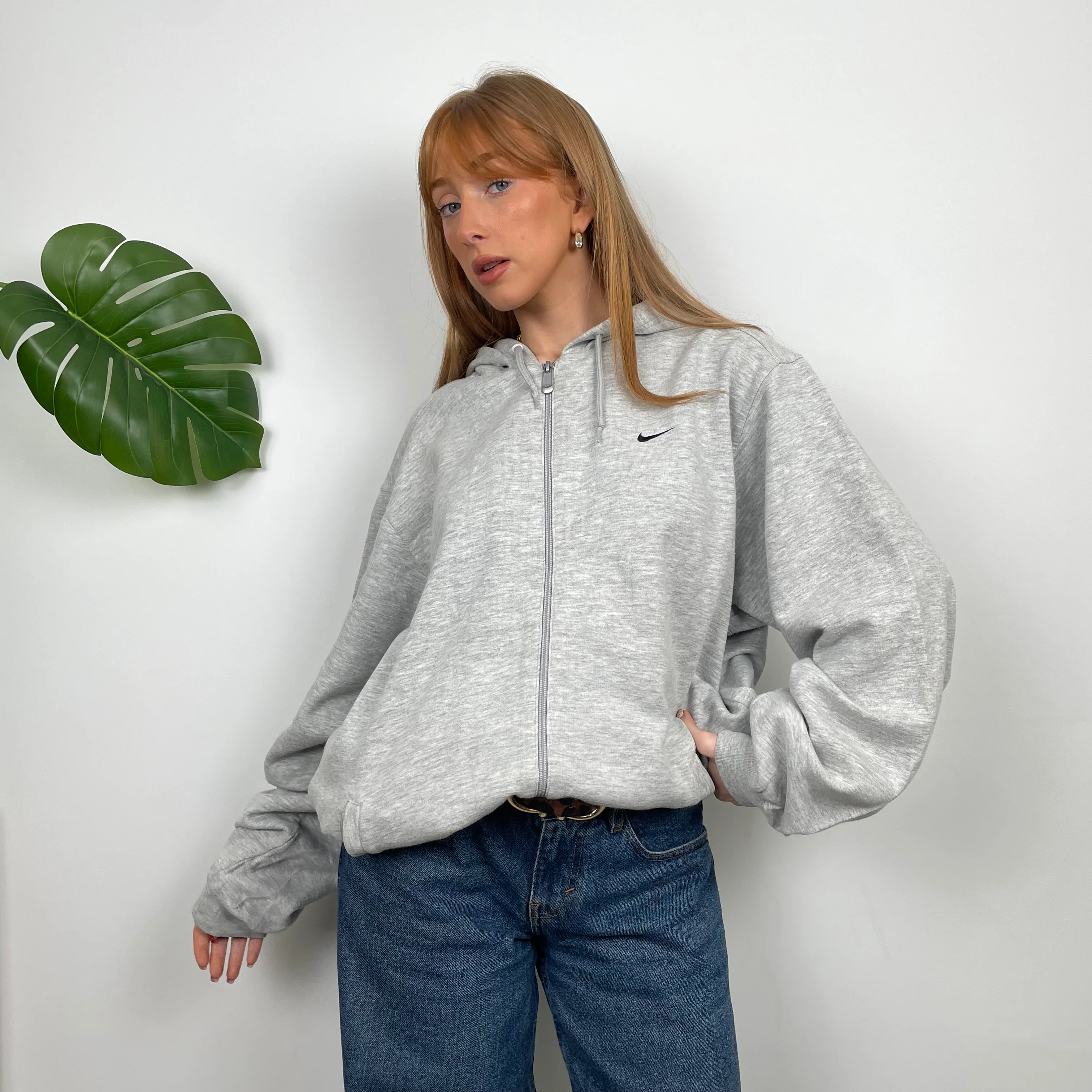 Nike Grey Embroidered Swoosh Zip Up Hoodie Jacket (M) - Image 4