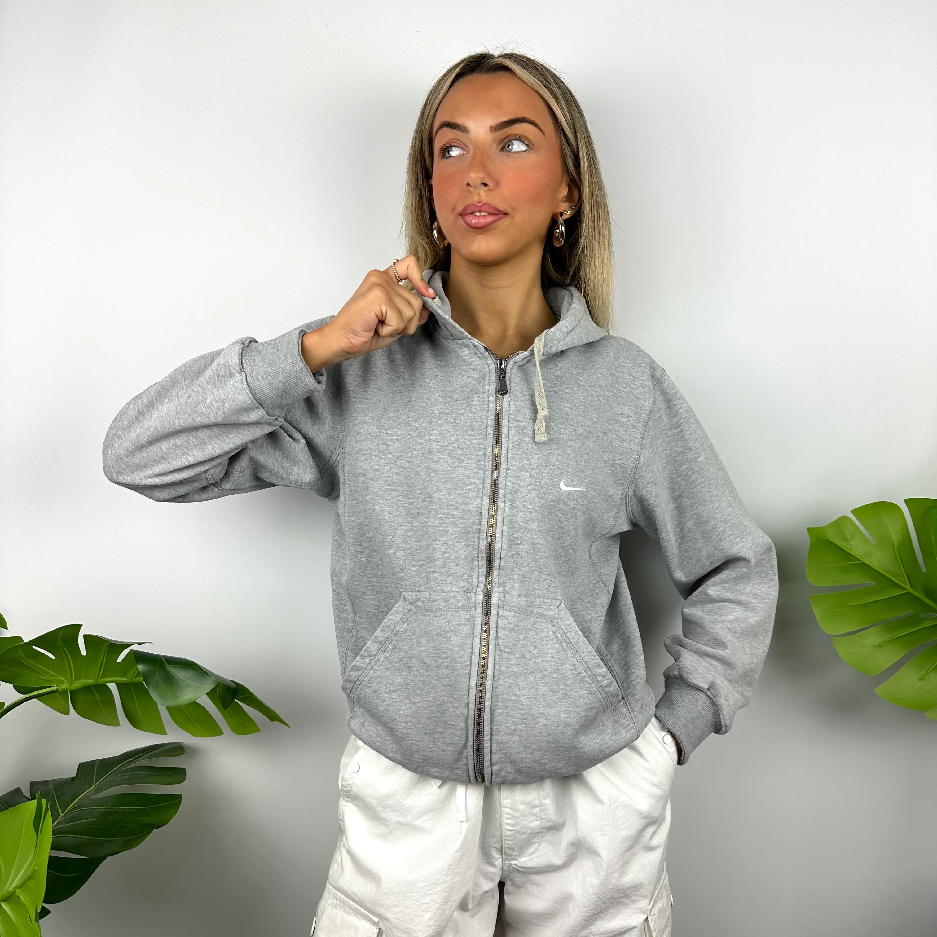 Nike Grey Embroidered Swoosh Zip Up Hoodie Jacket (S) - Image 3