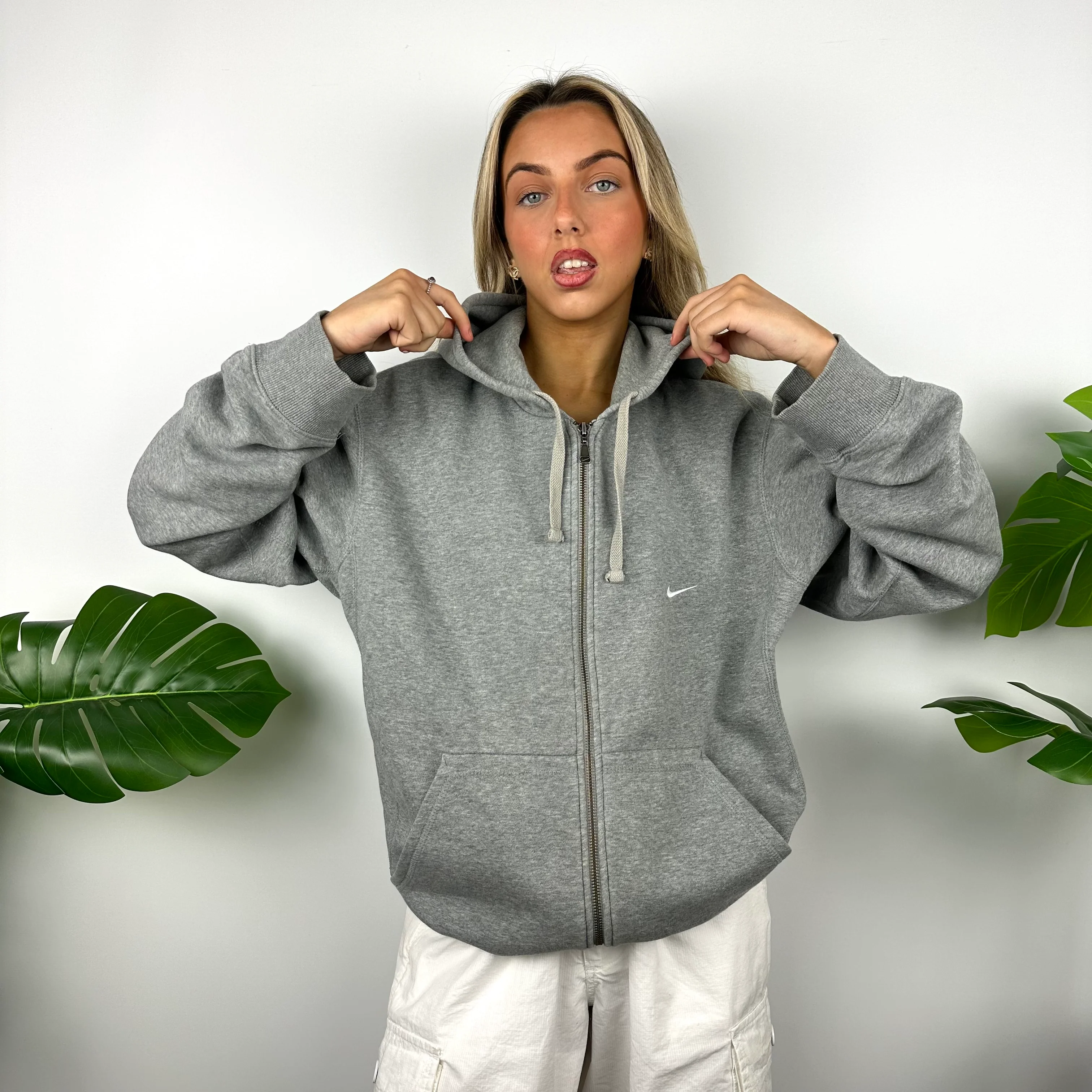 Nike Grey Embroidered Swoosh Zip Up Hoodie Jacket (L) - Image 3