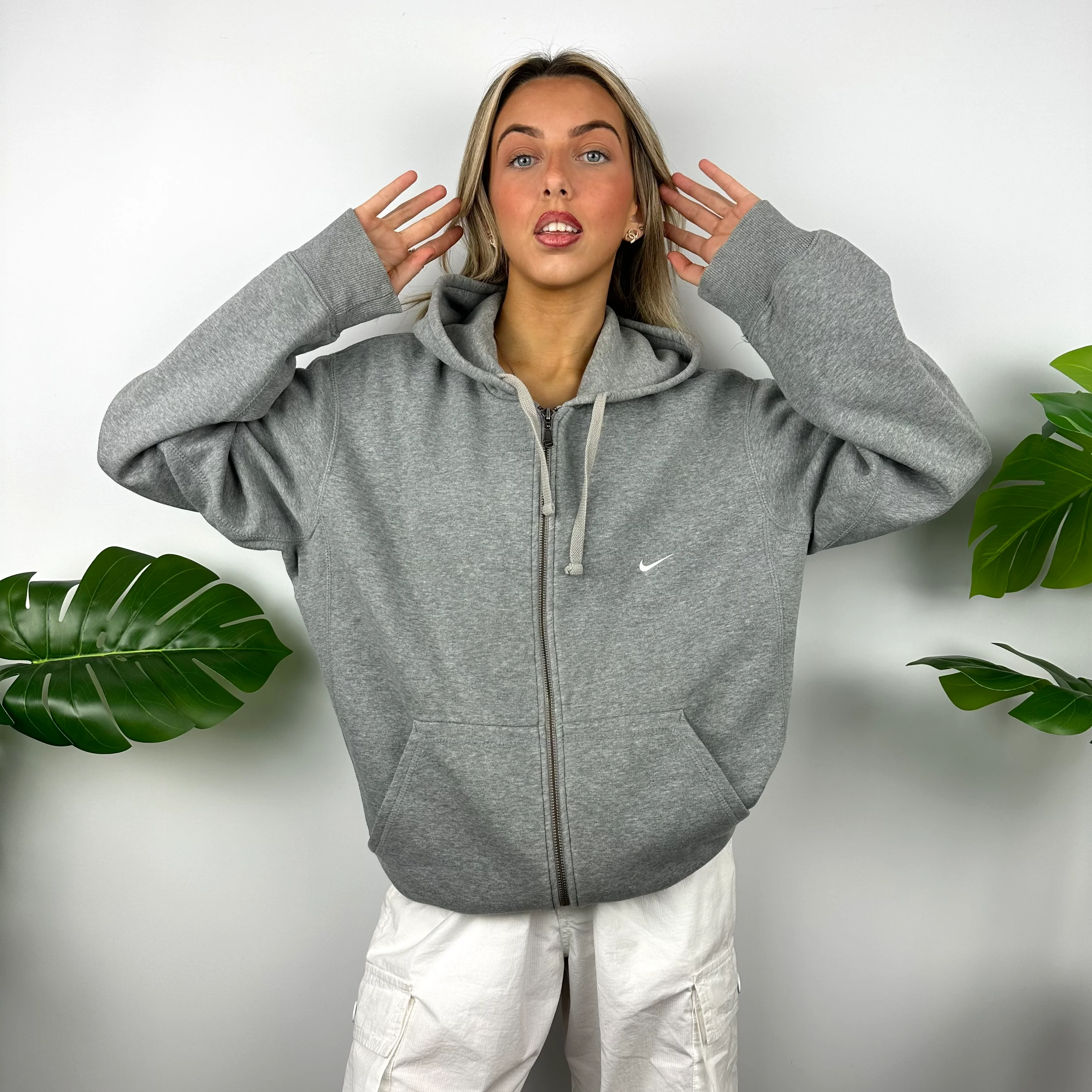 Nike Grey Embroidered Swoosh Zip Up Hoodie Jacket (L) - Image 5