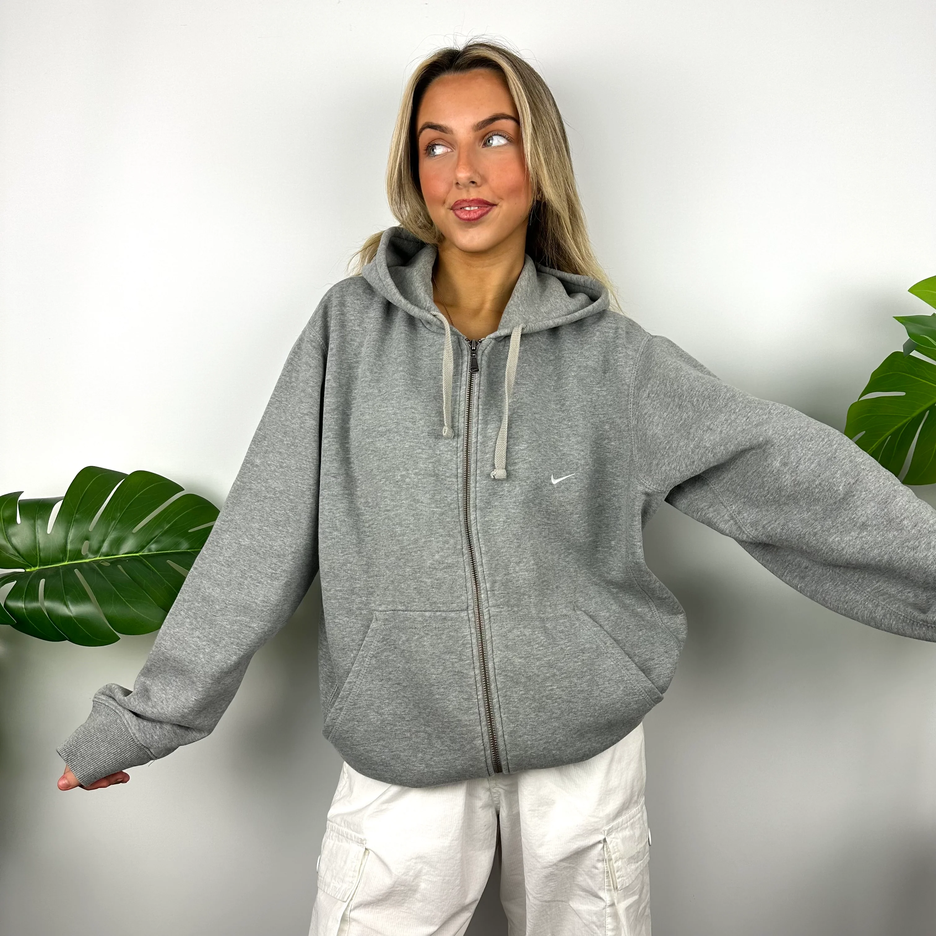 Nike Grey Embroidered Swoosh Zip Up Hoodie Jacket (L) - Image 6