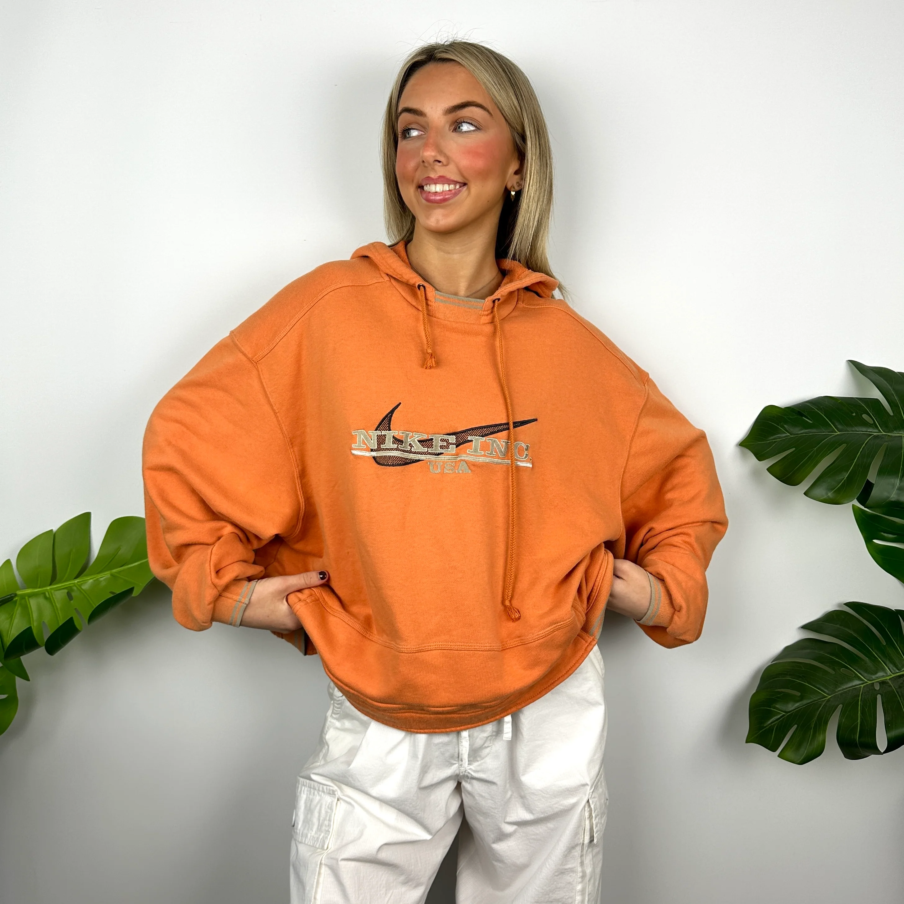 Nike Inc USA Orange Embroidered Spell Out Hoodie (M) - Image 6