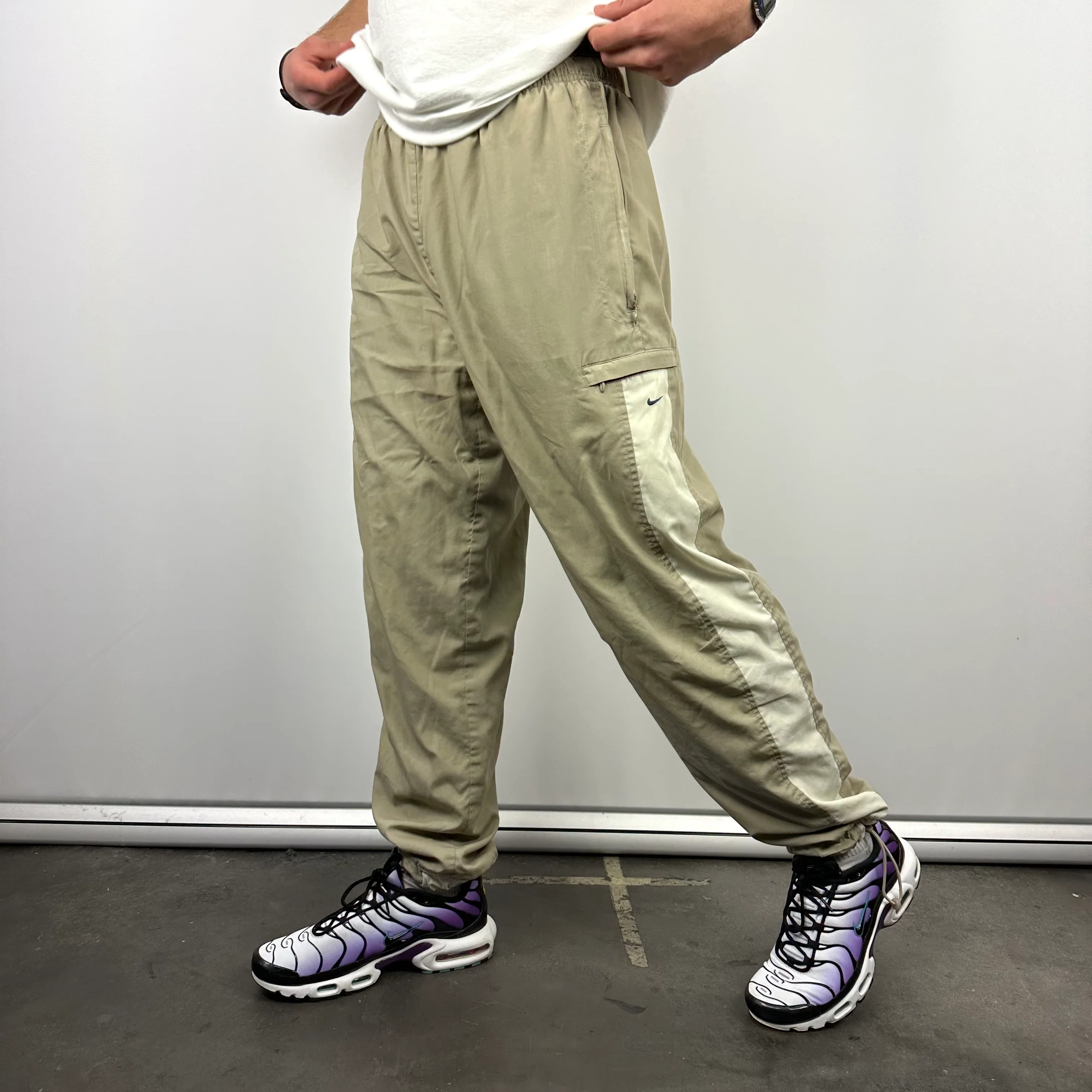 Nike Tan Beige Embroidered Swoosh Track Pants (L) - Image 3