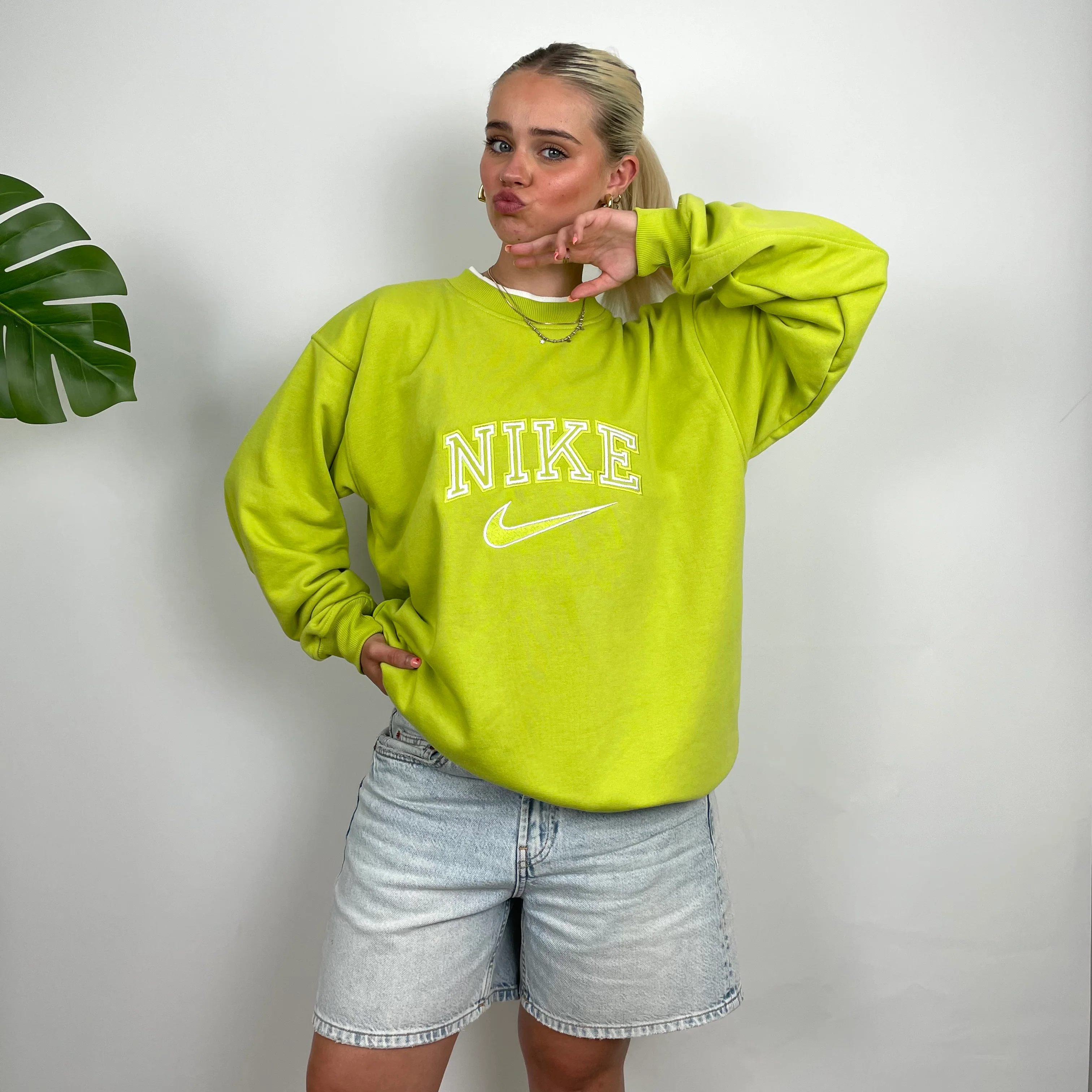 Nike Lime Green Embroidered Spell Out Sweatshirt (L) - Image 5