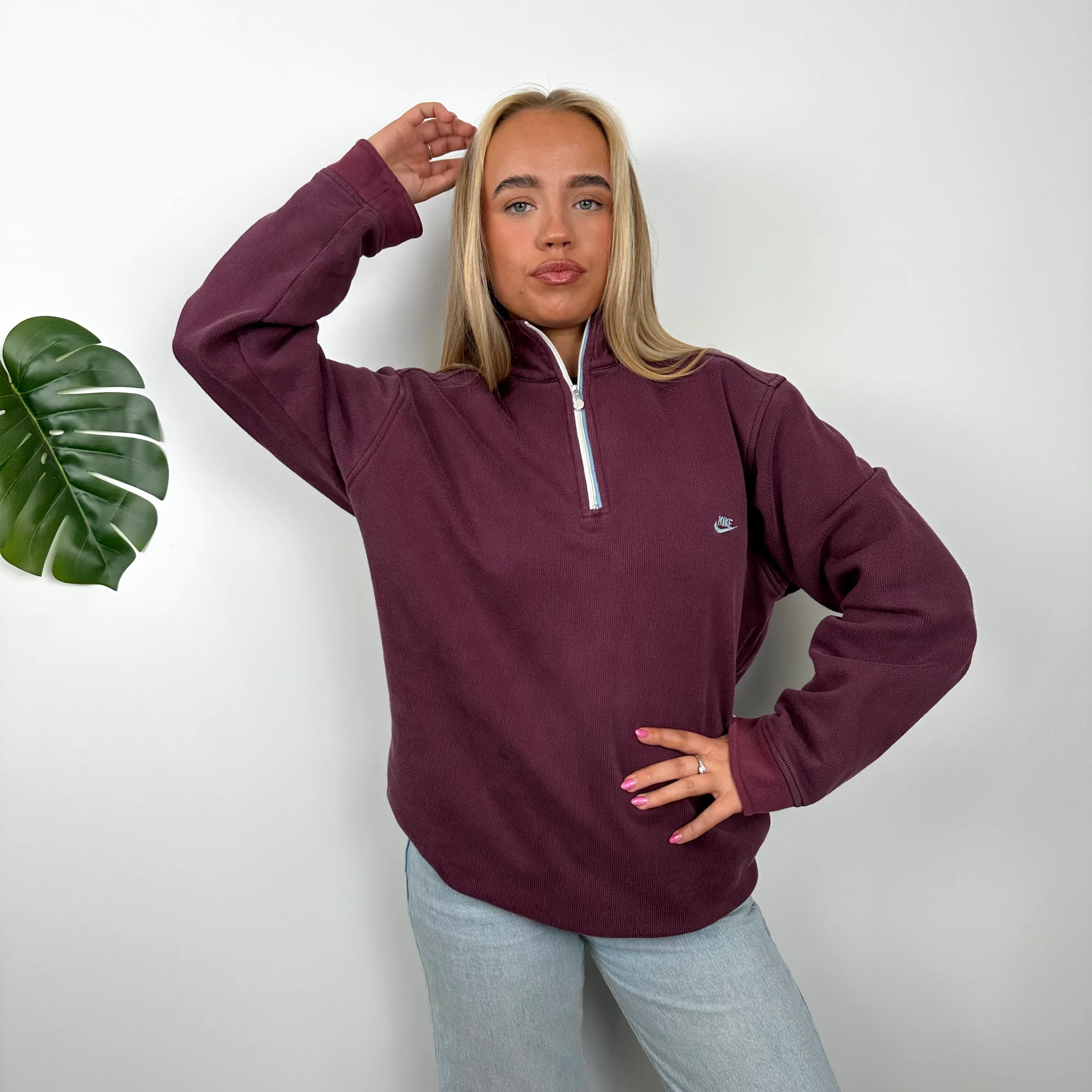Nike Maroon Embroidered Spell Out Quarter Zip Sweatshirt (M) - Image 3