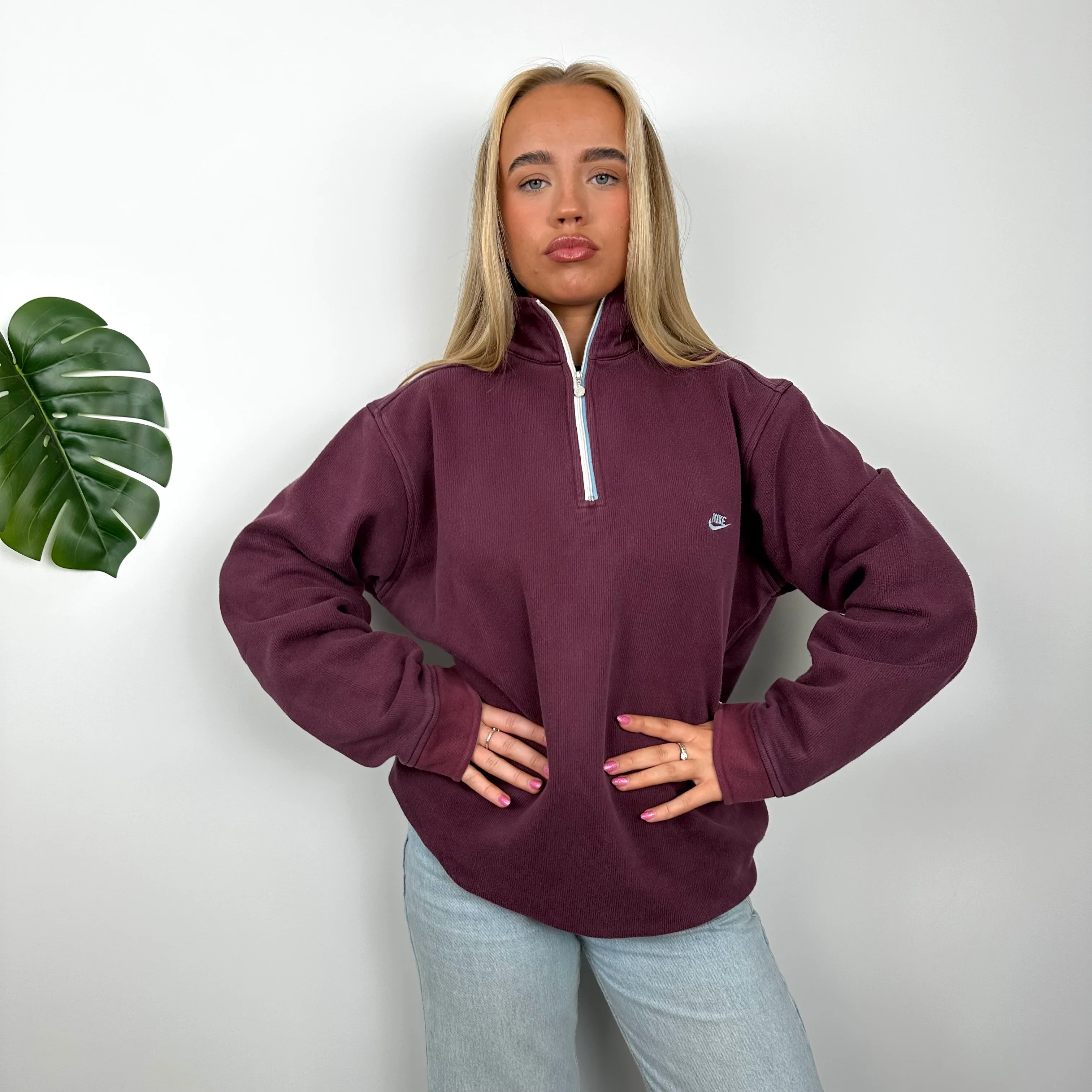 Nike Maroon Embroidered Spell Out Quarter Zip Sweatshirt (M) - Image 4