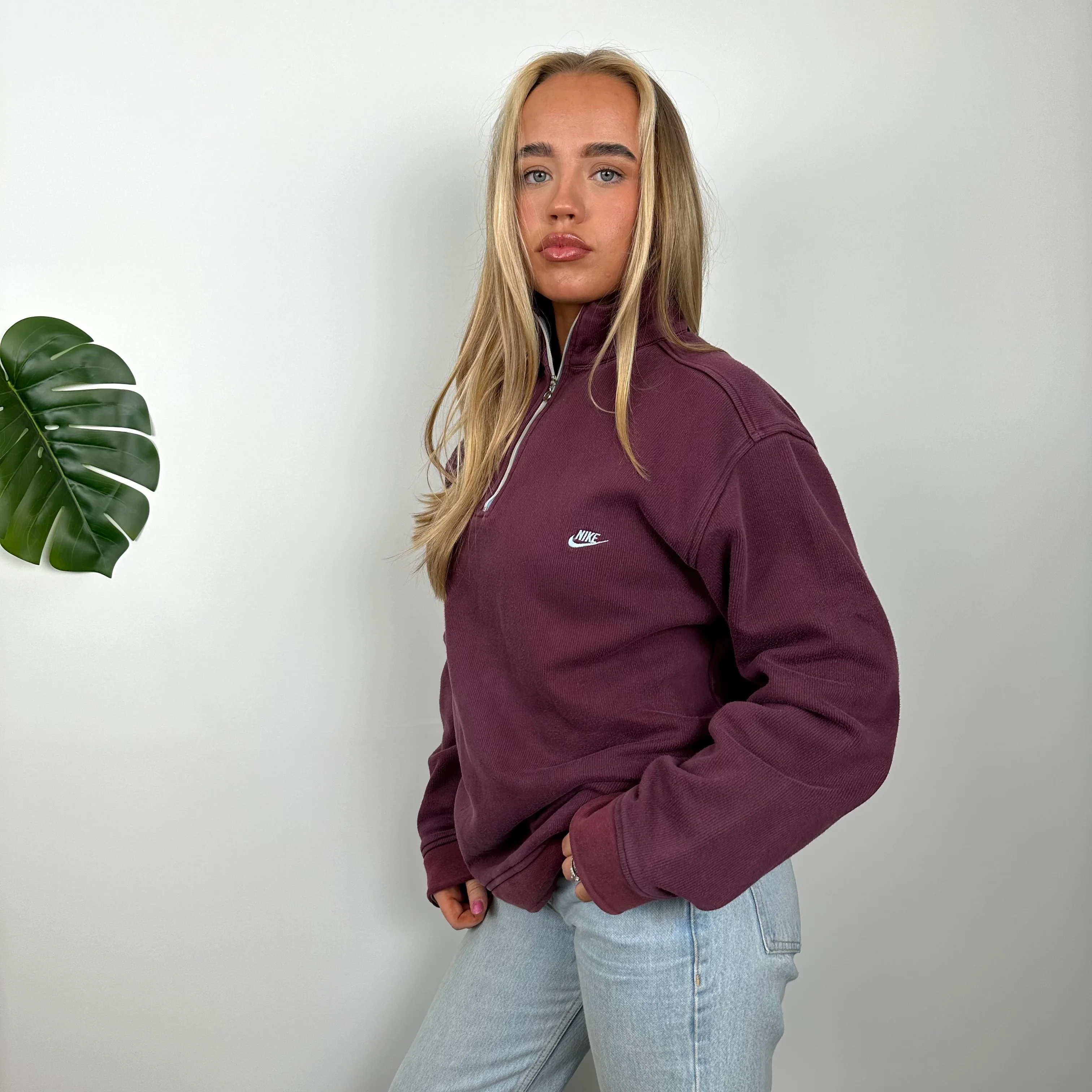 Nike Maroon Embroidered Spell Out Quarter Zip Sweatshirt (M) - Image 6