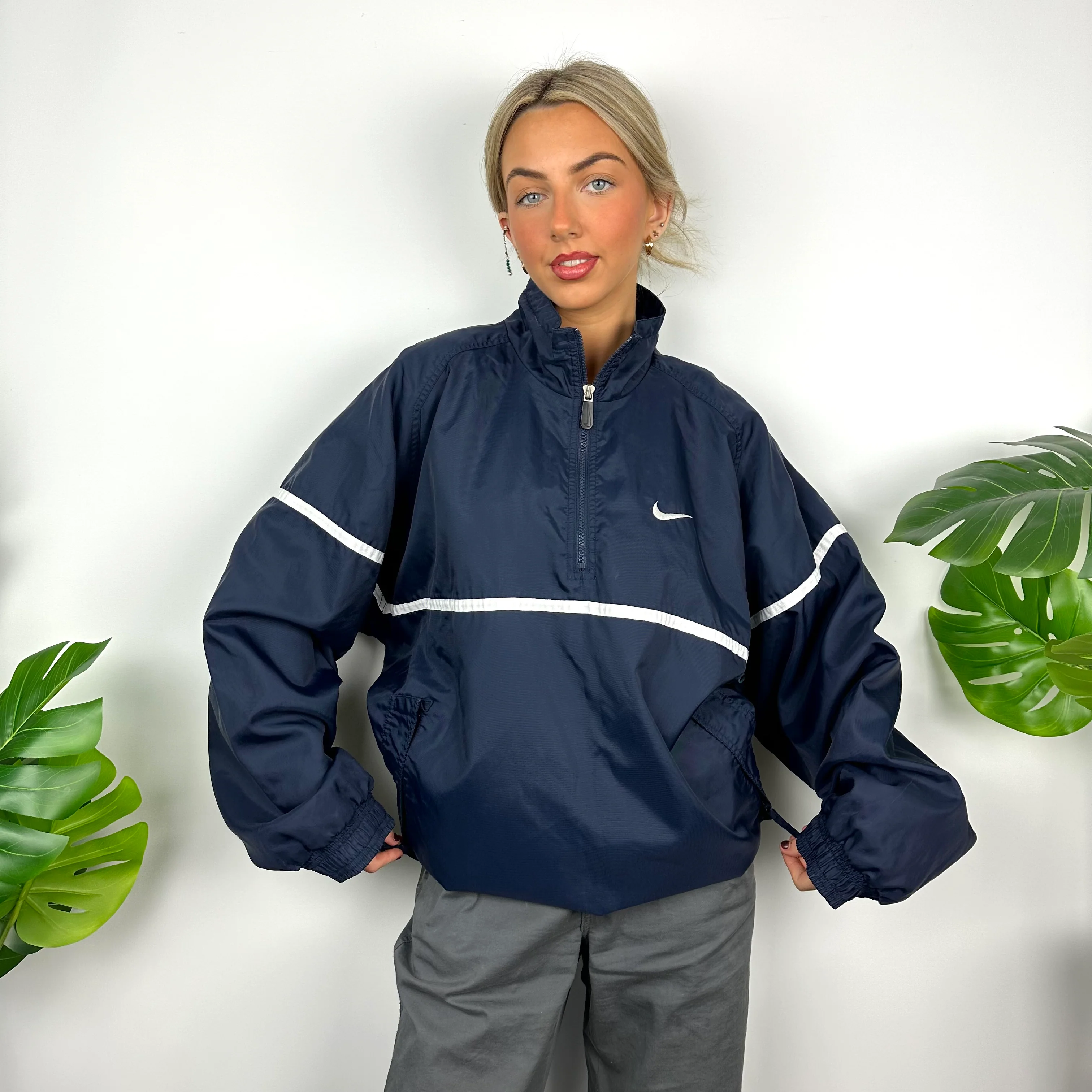 Nike Navy Embroidered Spell Out Quarter Zip Windbreaker Jacket (XL) - Image 2