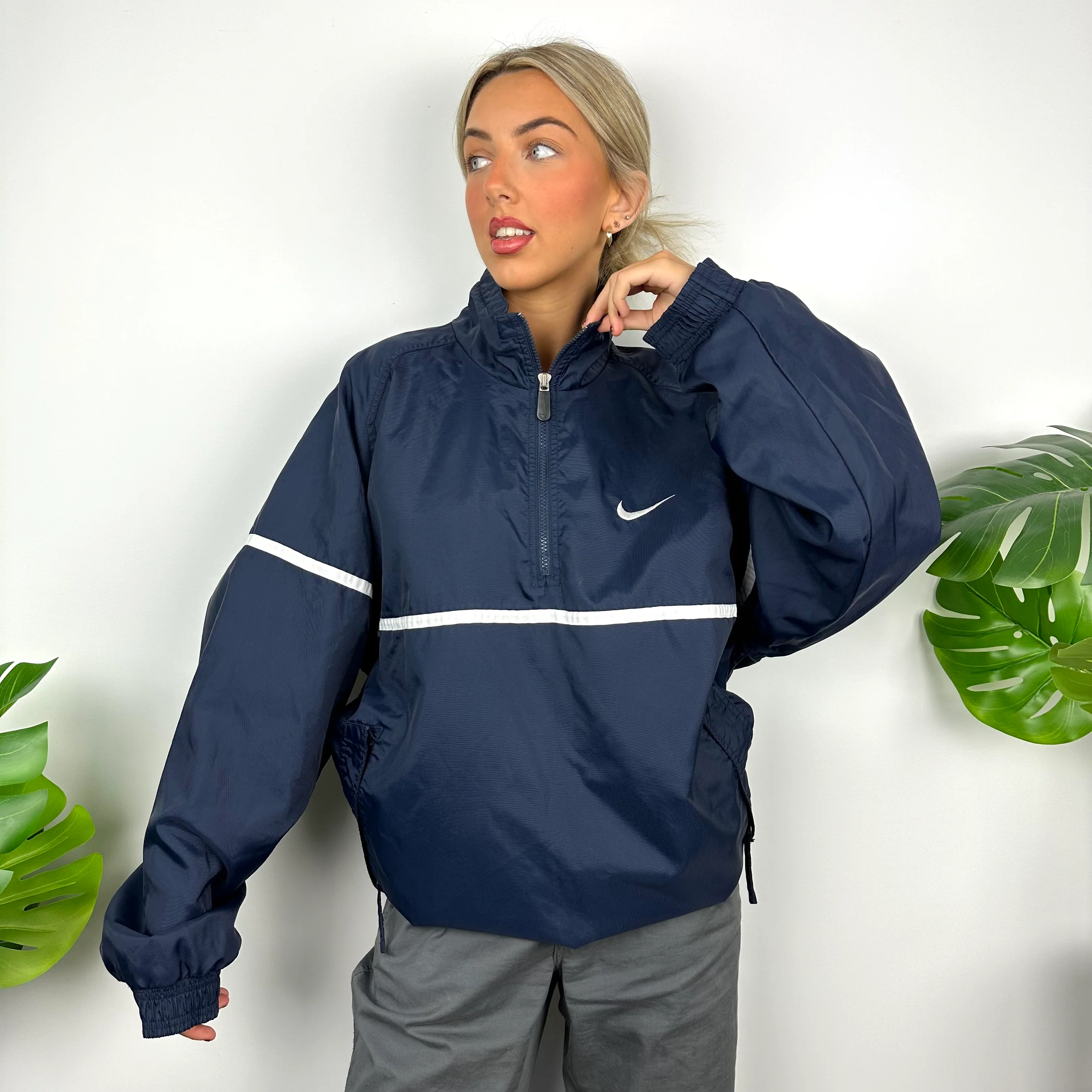 Nike Navy Embroidered Spell Out Quarter Zip Windbreaker Jacket (XL) - Image 5