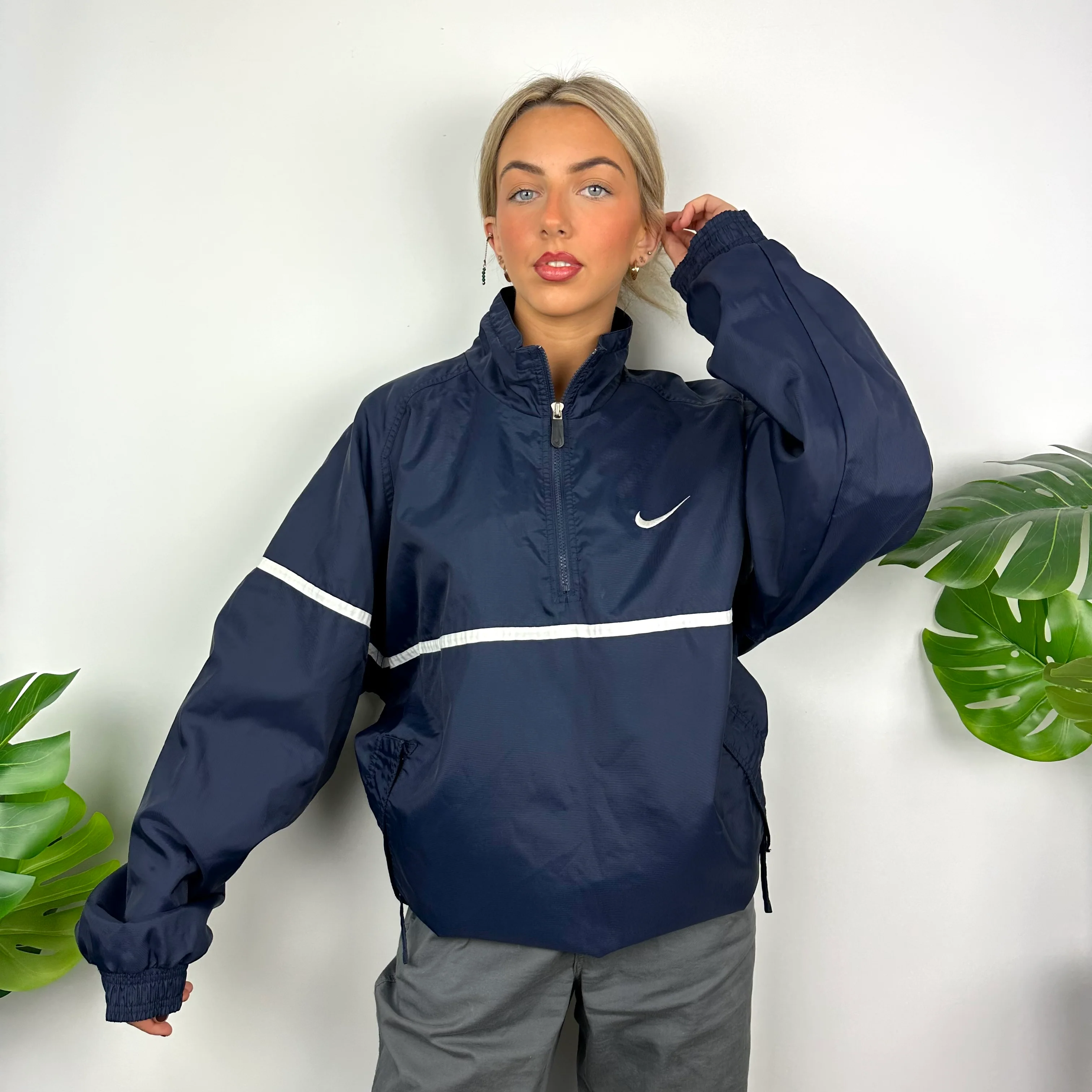 Nike Navy Embroidered Spell Out Quarter Zip Windbreaker Jacket (XL) - Image 7