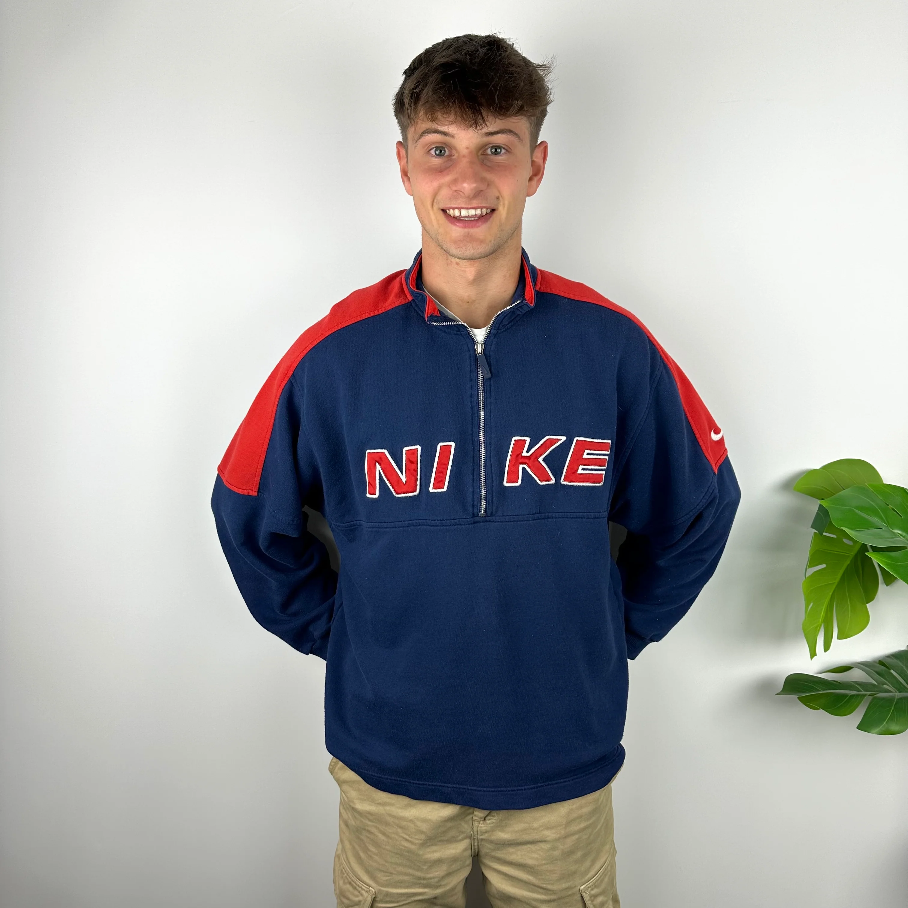Nike Navy Embroidered Spell Out Quarter Zip Sweatshirt (XL) - Image 4