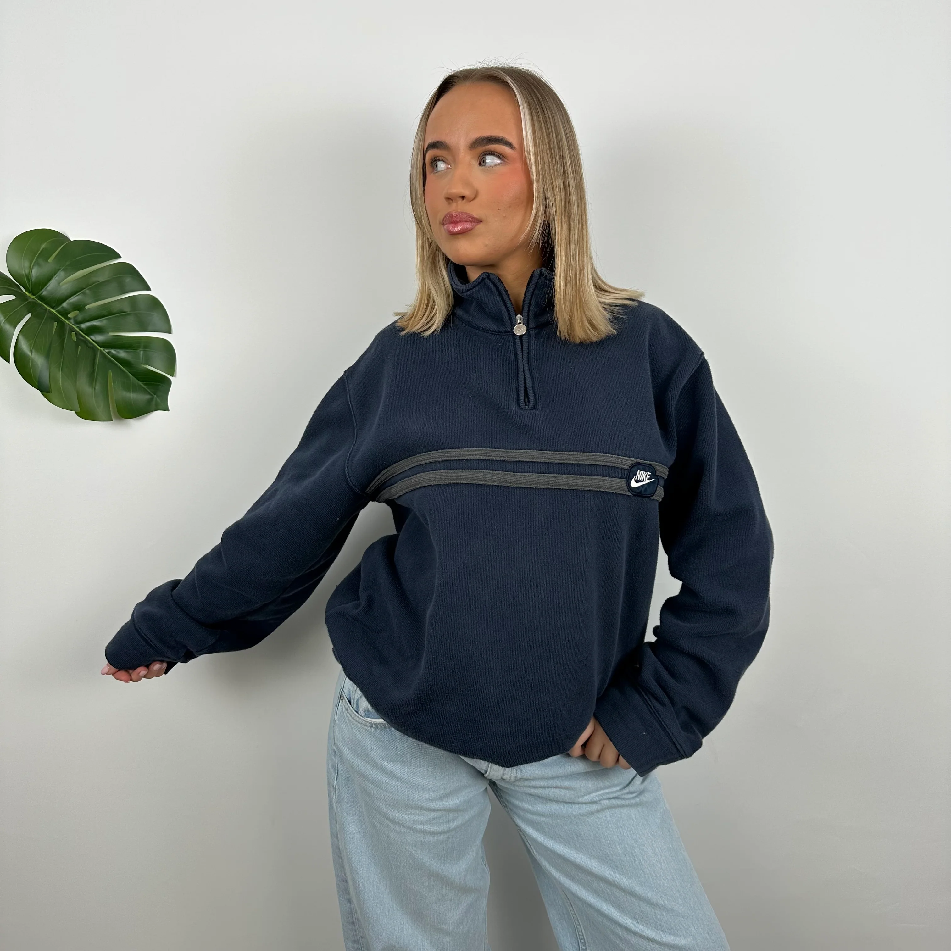 Nike Navy Embroidered Spell Out Quarter Zip Sweatshirt (L) - Image 4