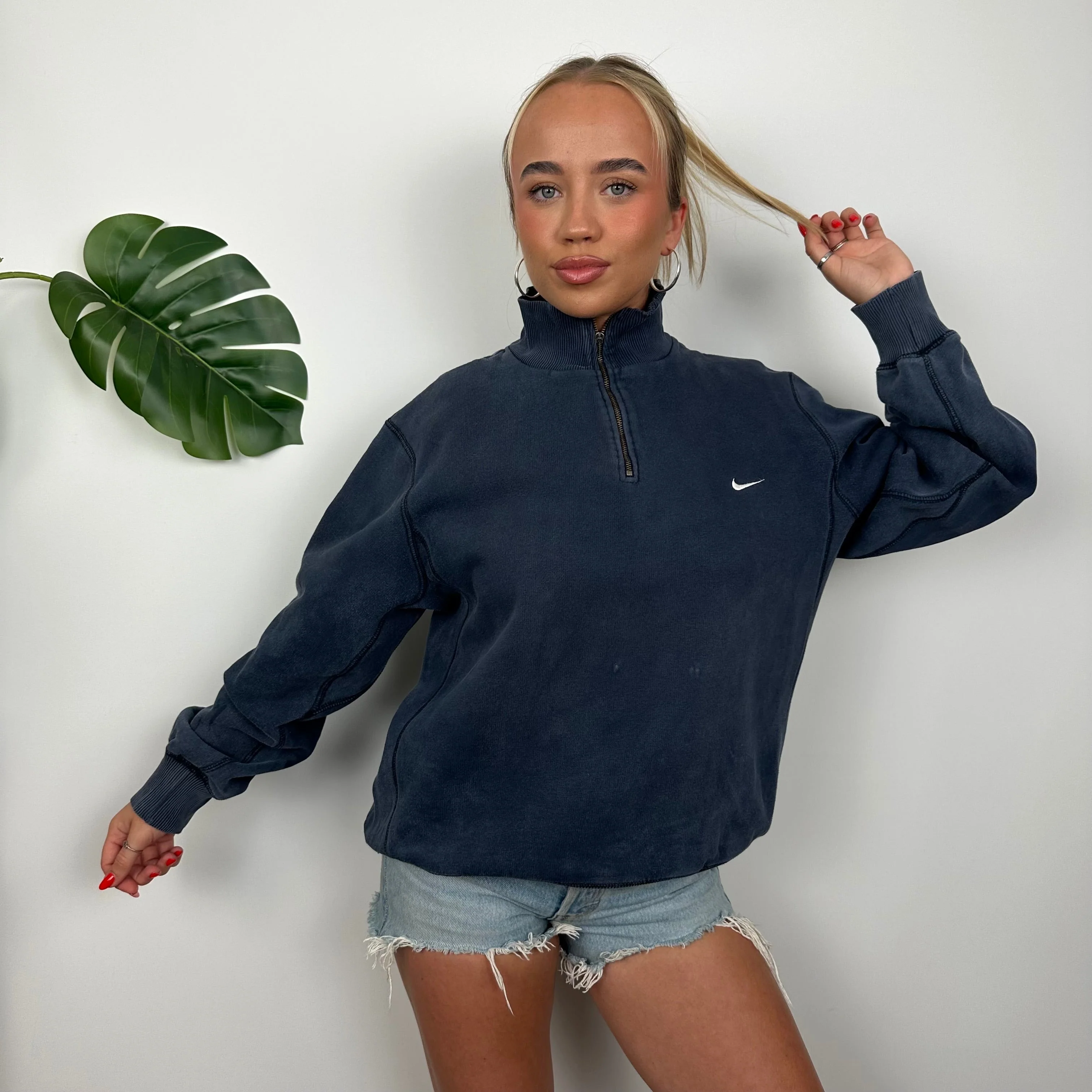 Nike Navy Embroidered Spell Out Quarter Zip Sweatshirt (XL) - Image 3