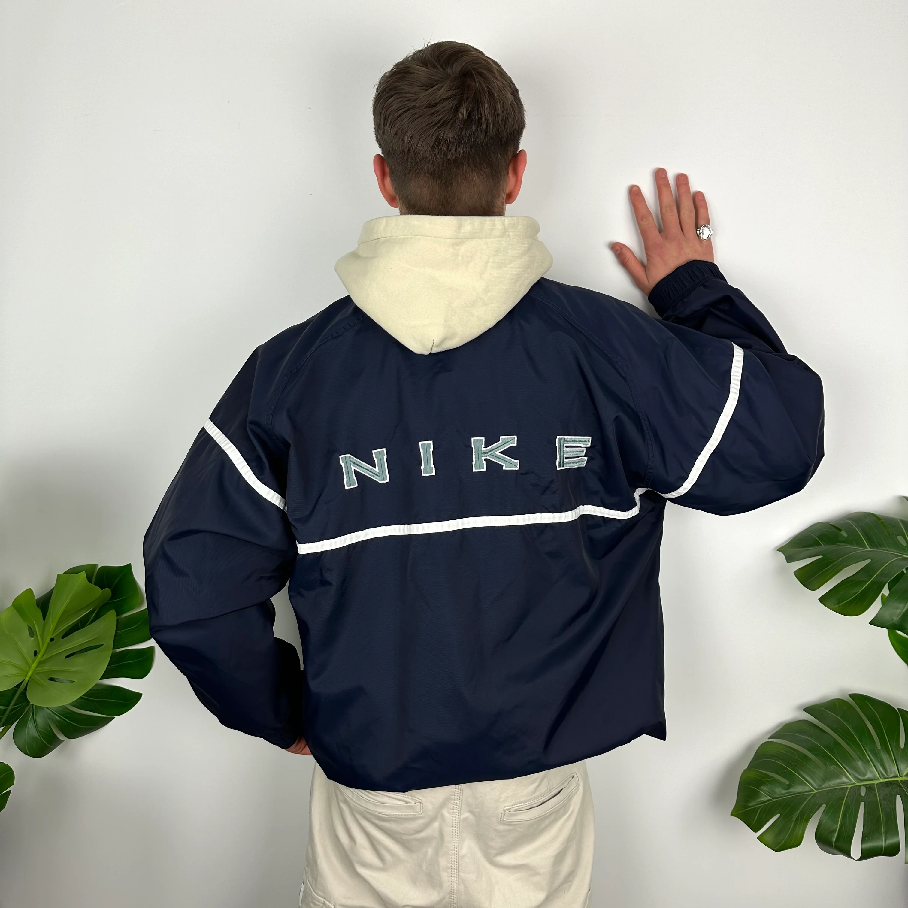 Nike Navy Embroidered Spell Out Quarter Zip Windbreaker Jacket (L)