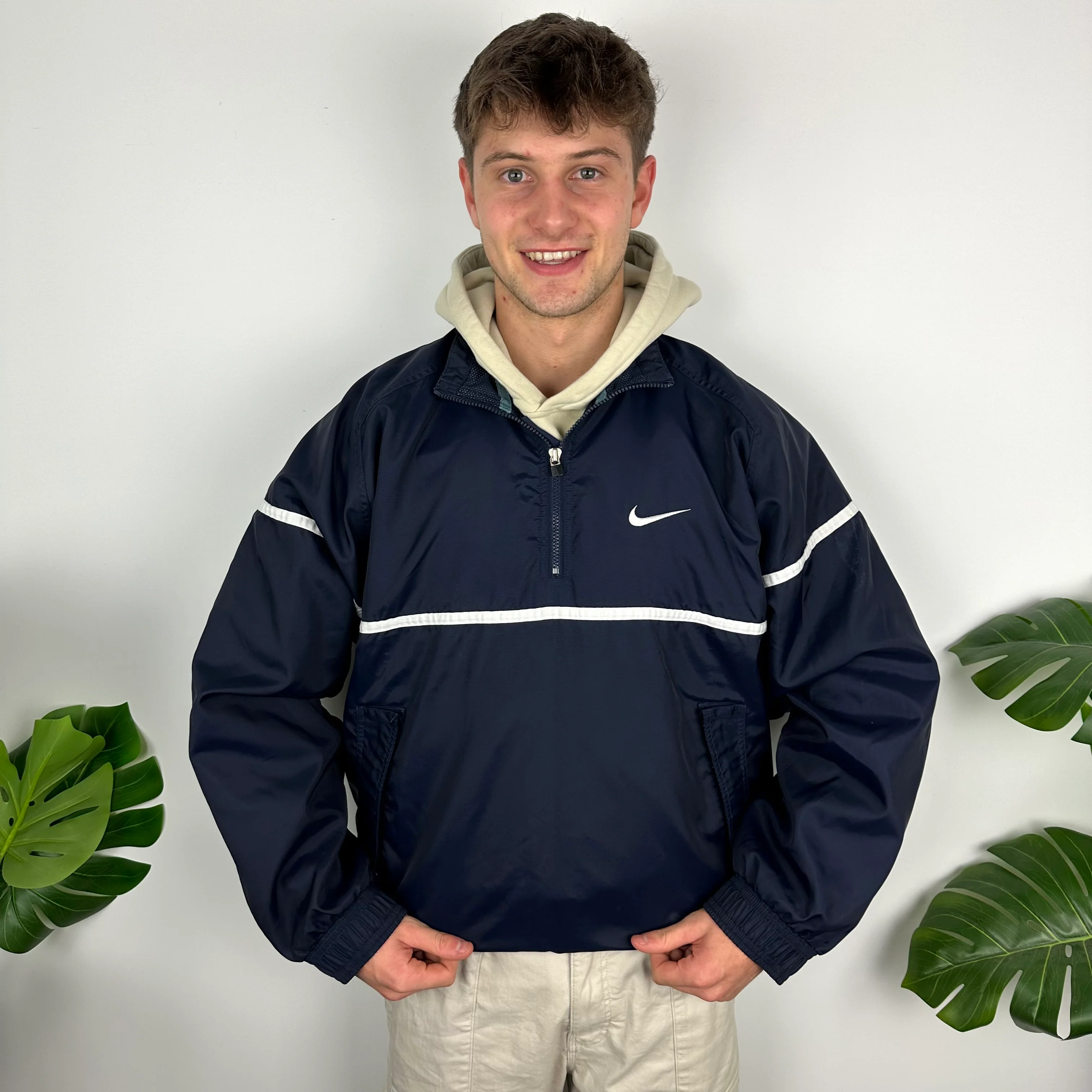 Nike Navy Embroidered Spell Out Quarter Zip Windbreaker Jacket (L) - Image 2