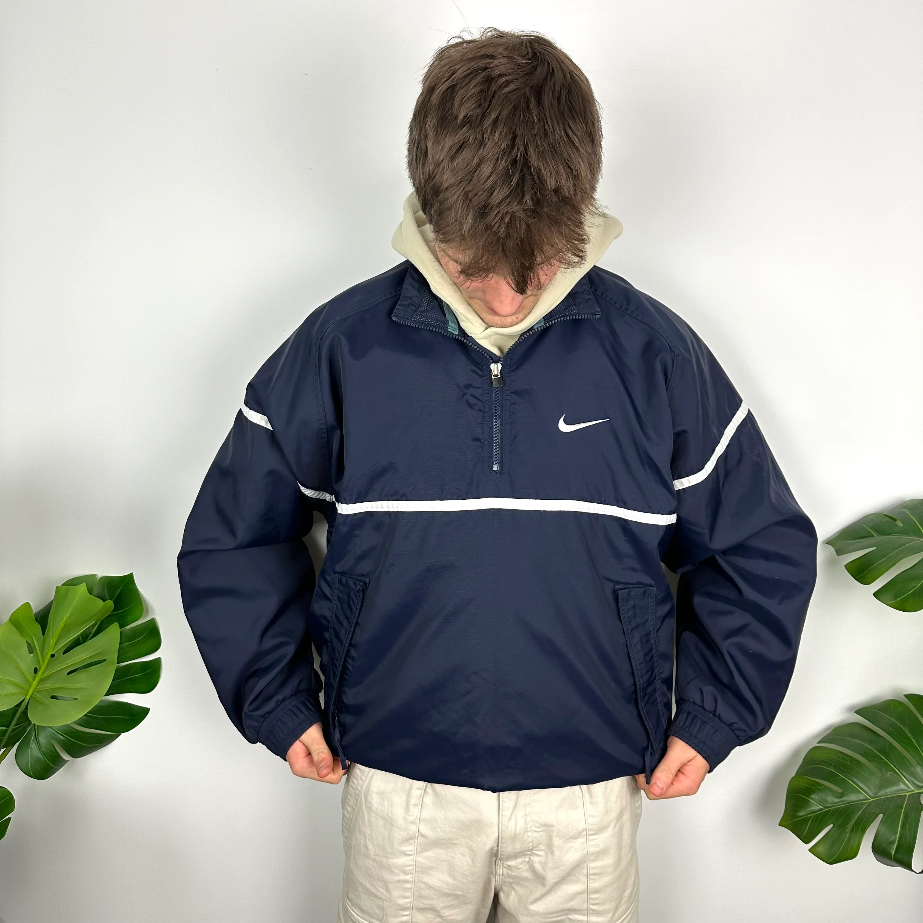 Nike Navy Embroidered Spell Out Quarter Zip Windbreaker Jacket (L) - Image 3
