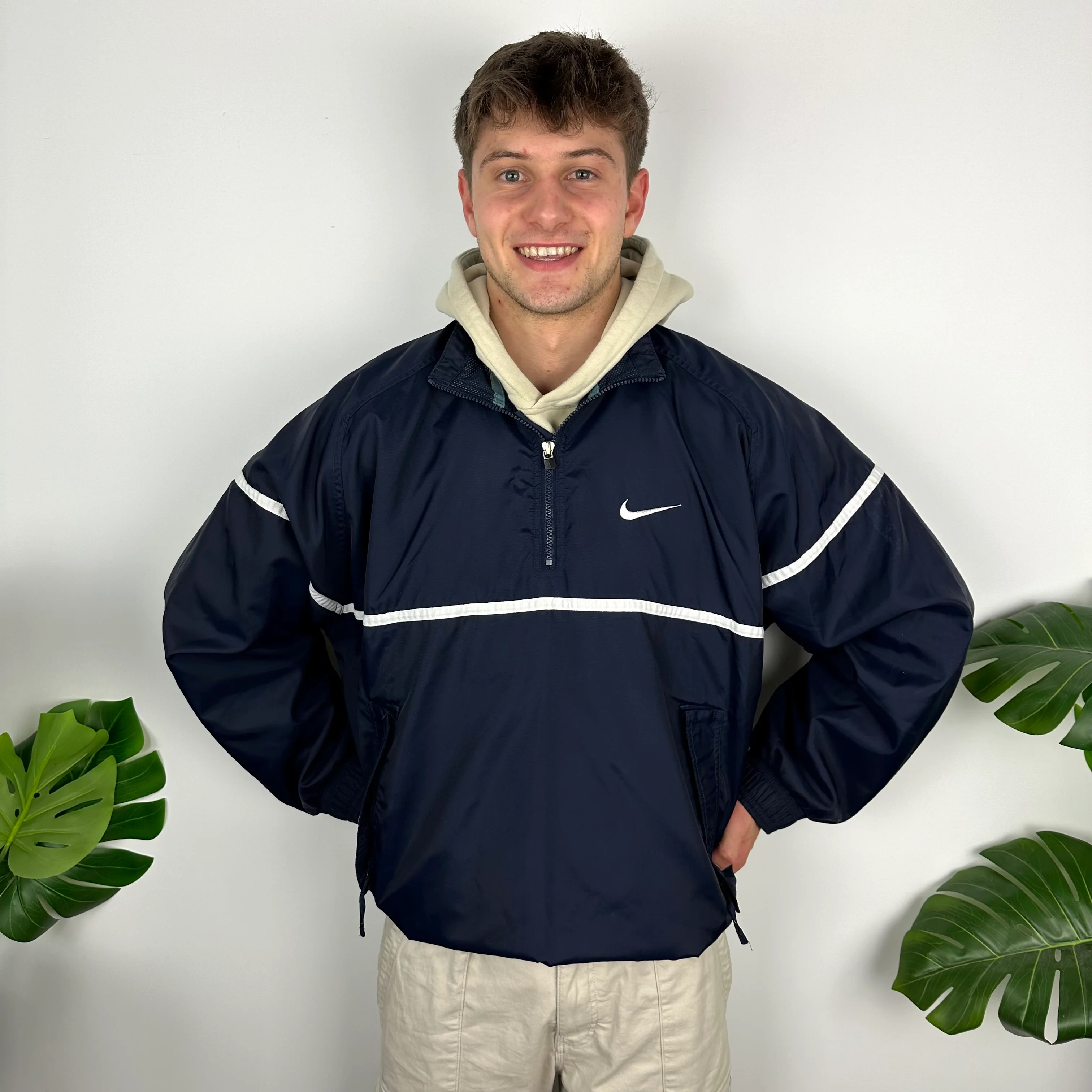 Nike Navy Embroidered Spell Out Quarter Zip Windbreaker Jacket (L) - Image 4