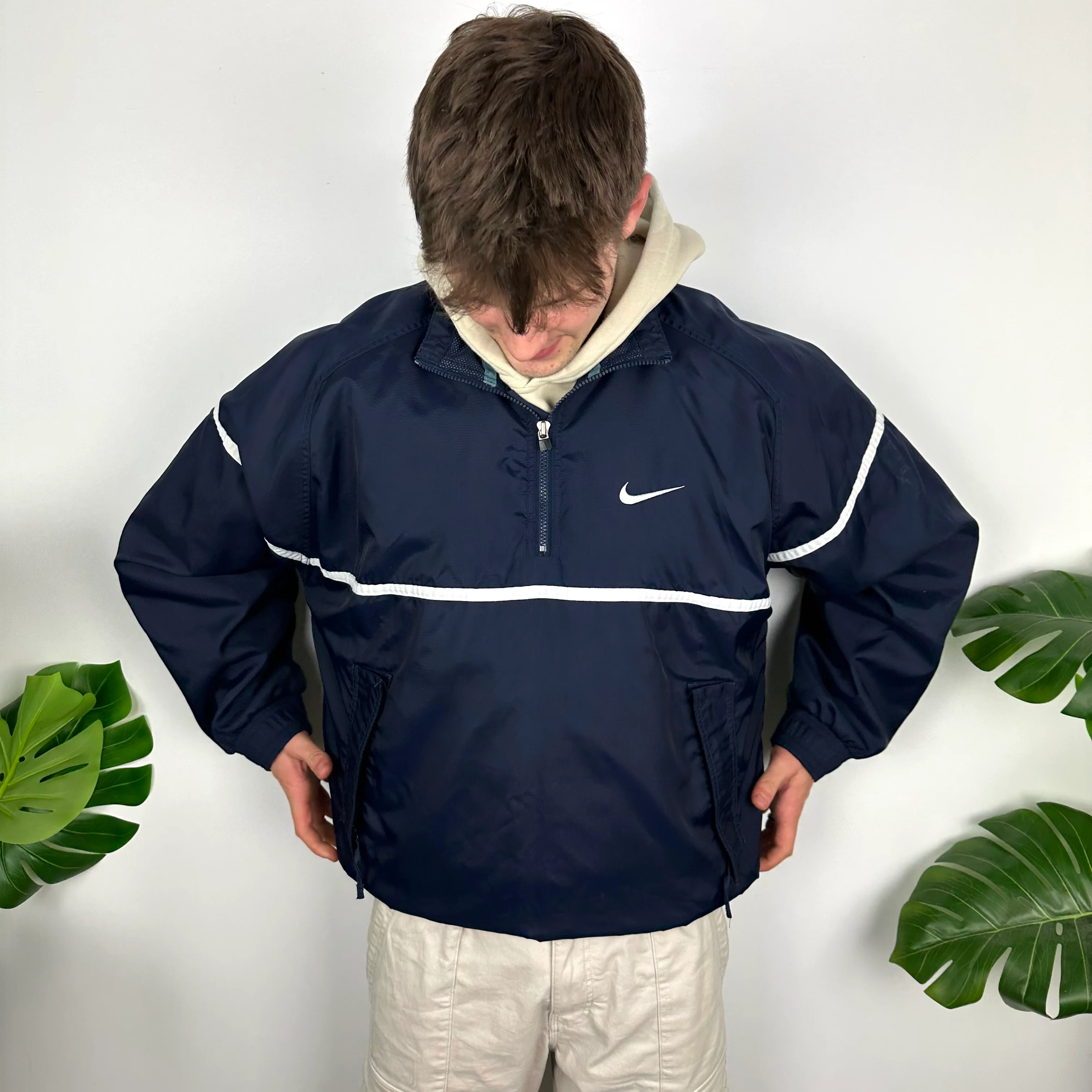 Nike Navy Embroidered Spell Out Quarter Zip Windbreaker Jacket (L) - Image 6