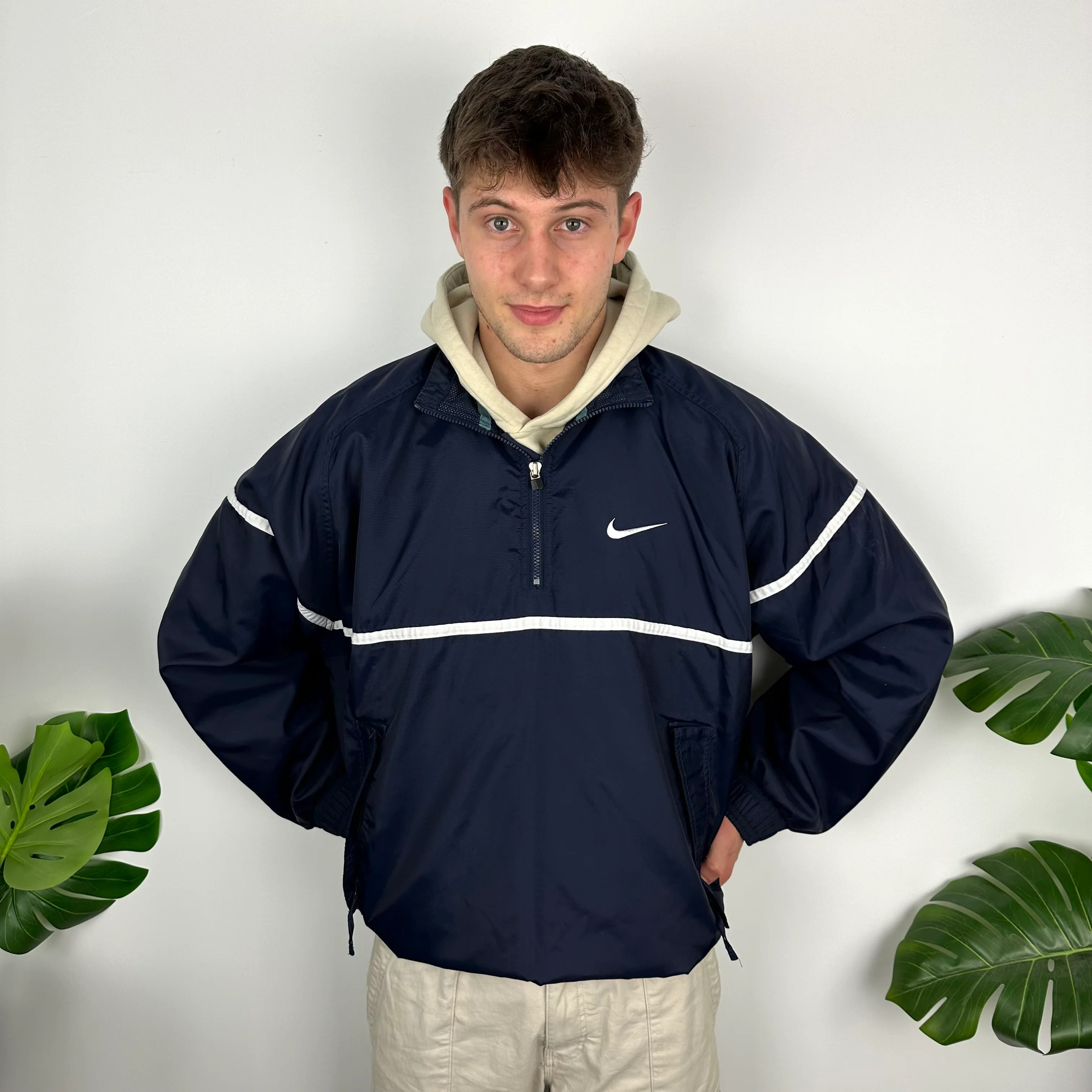 Nike Navy Embroidered Spell Out Quarter Zip Windbreaker Jacket (L) - Image 7