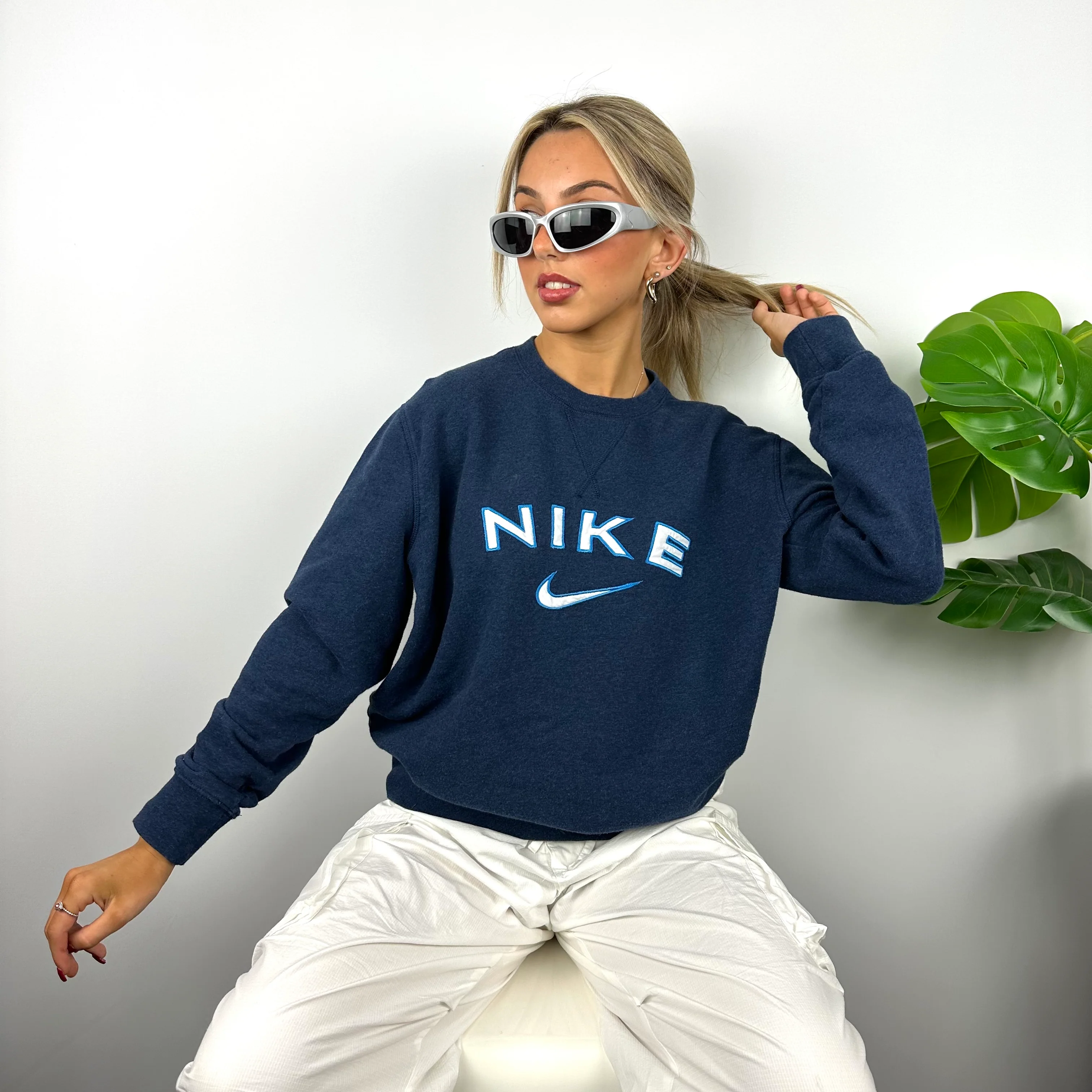 Nike Navy Embroidered Spell Out Sweatshirt (L) - Image 2