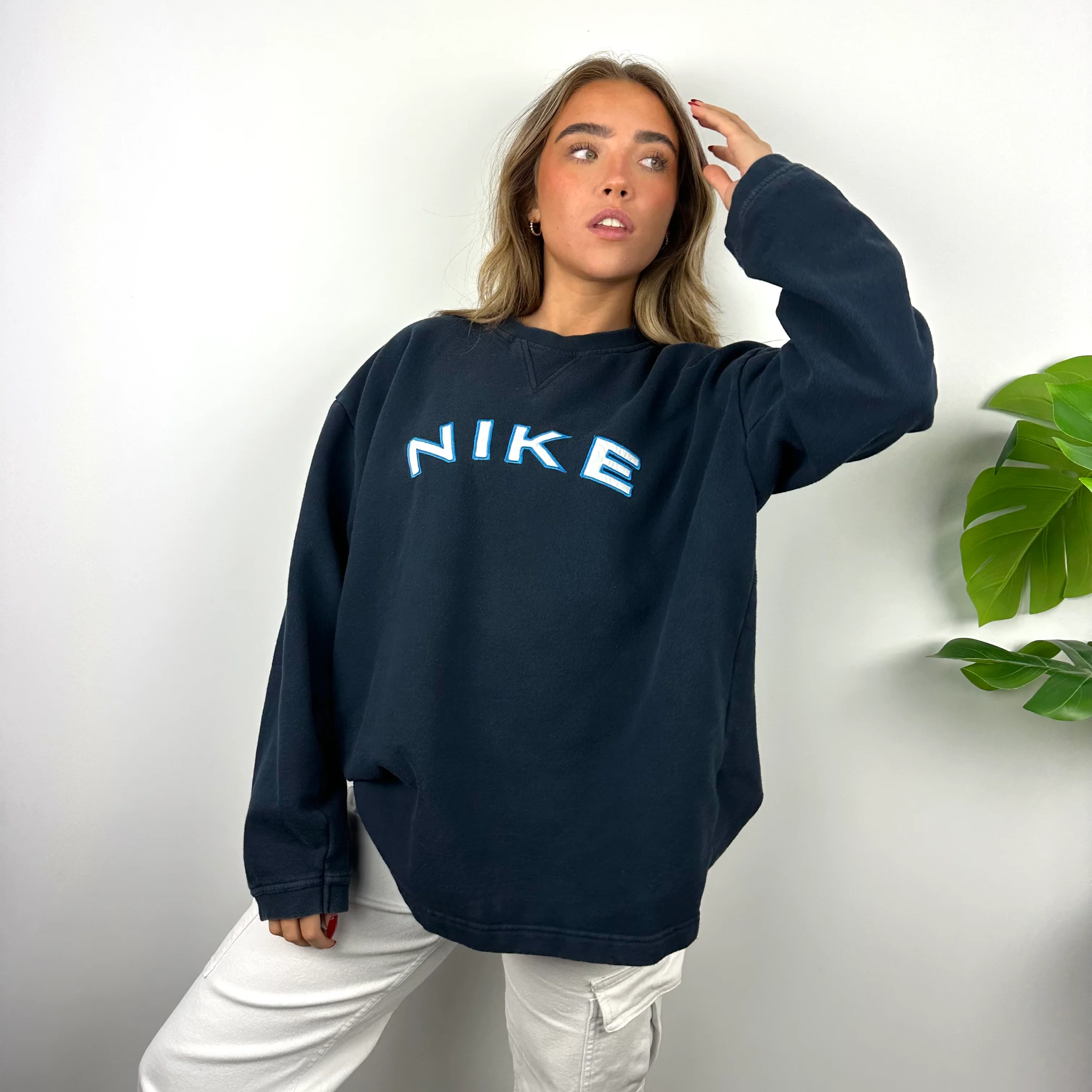 Nike Navy Embroidered Spell Out Sweatshirt (L) - Image 2