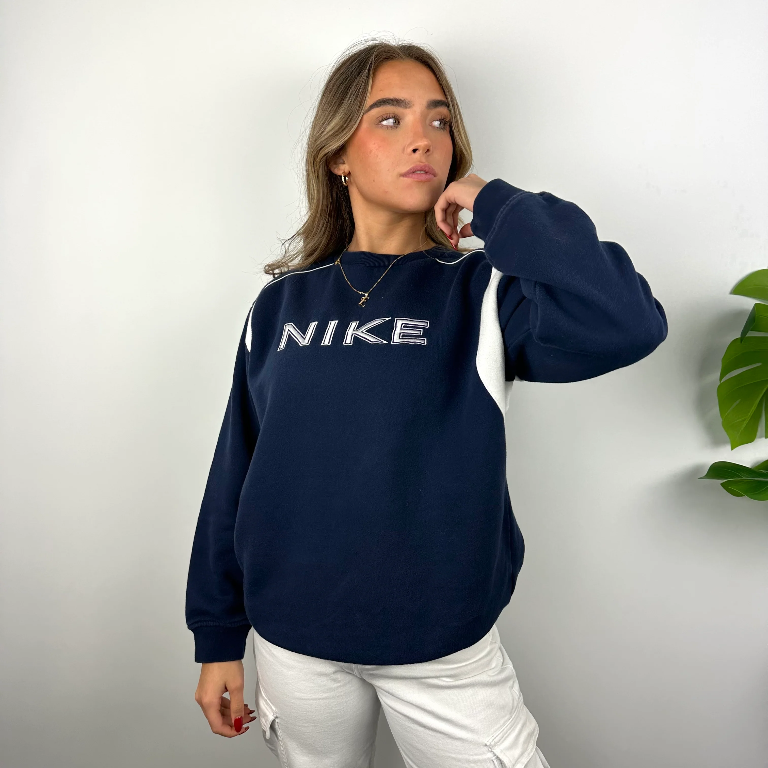 Nike Navy Embroidered Spell Out Sweatshirt (M) - Image 2
