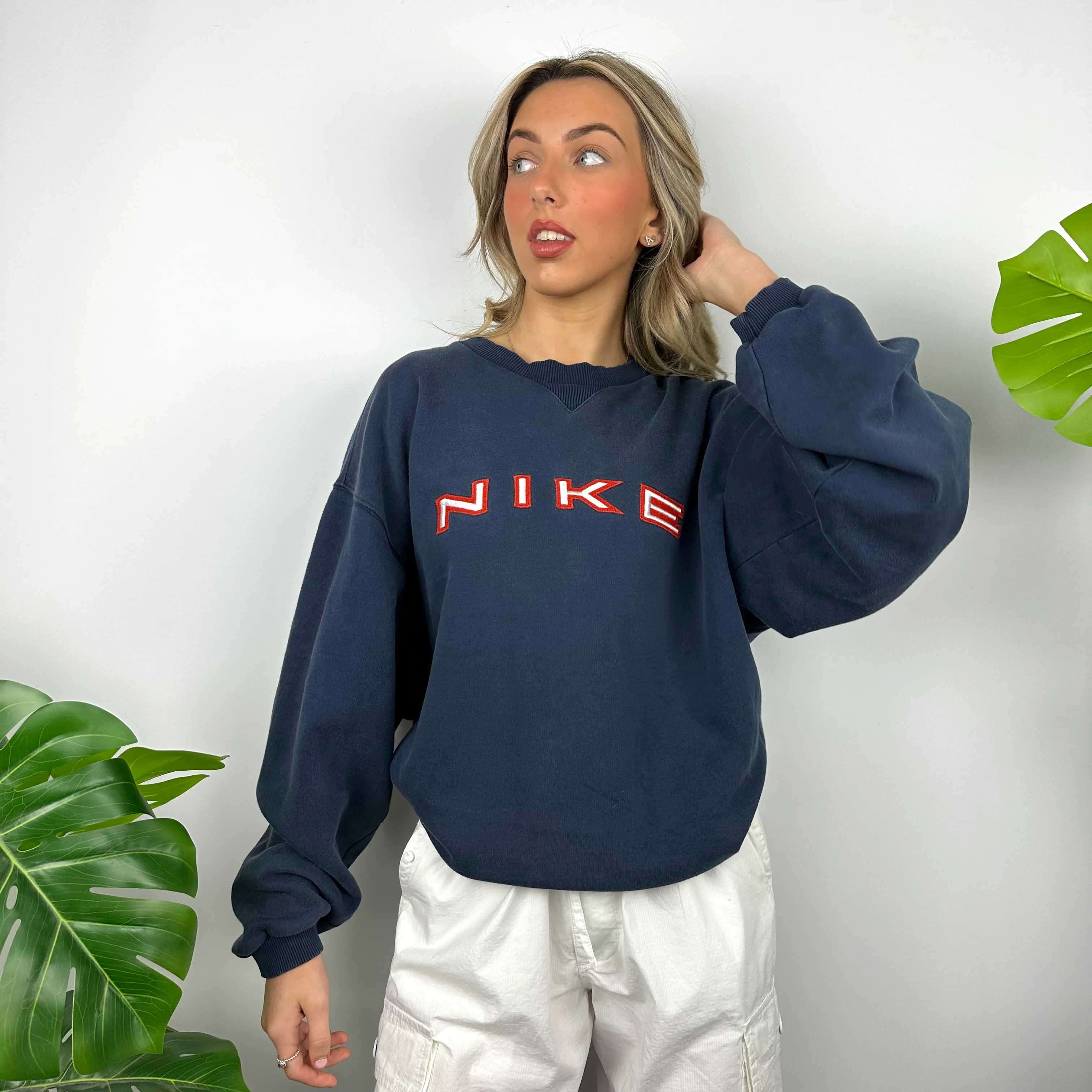 Nike Navy Embroidered Spell Out Sweatshirt (L) - Image 2