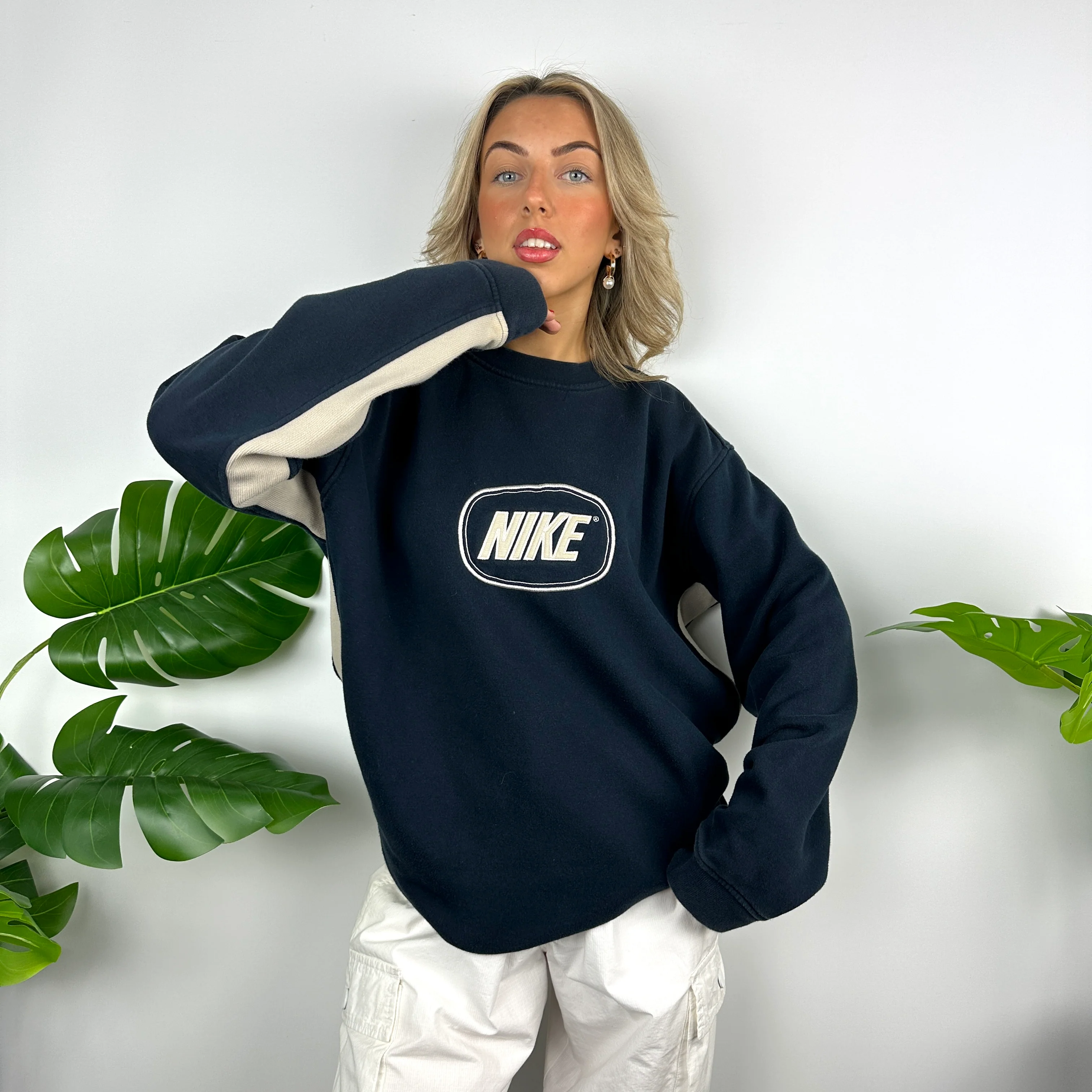 Nike Navy Embroidered Spell Out Sweatshirt (L) - Image 5
