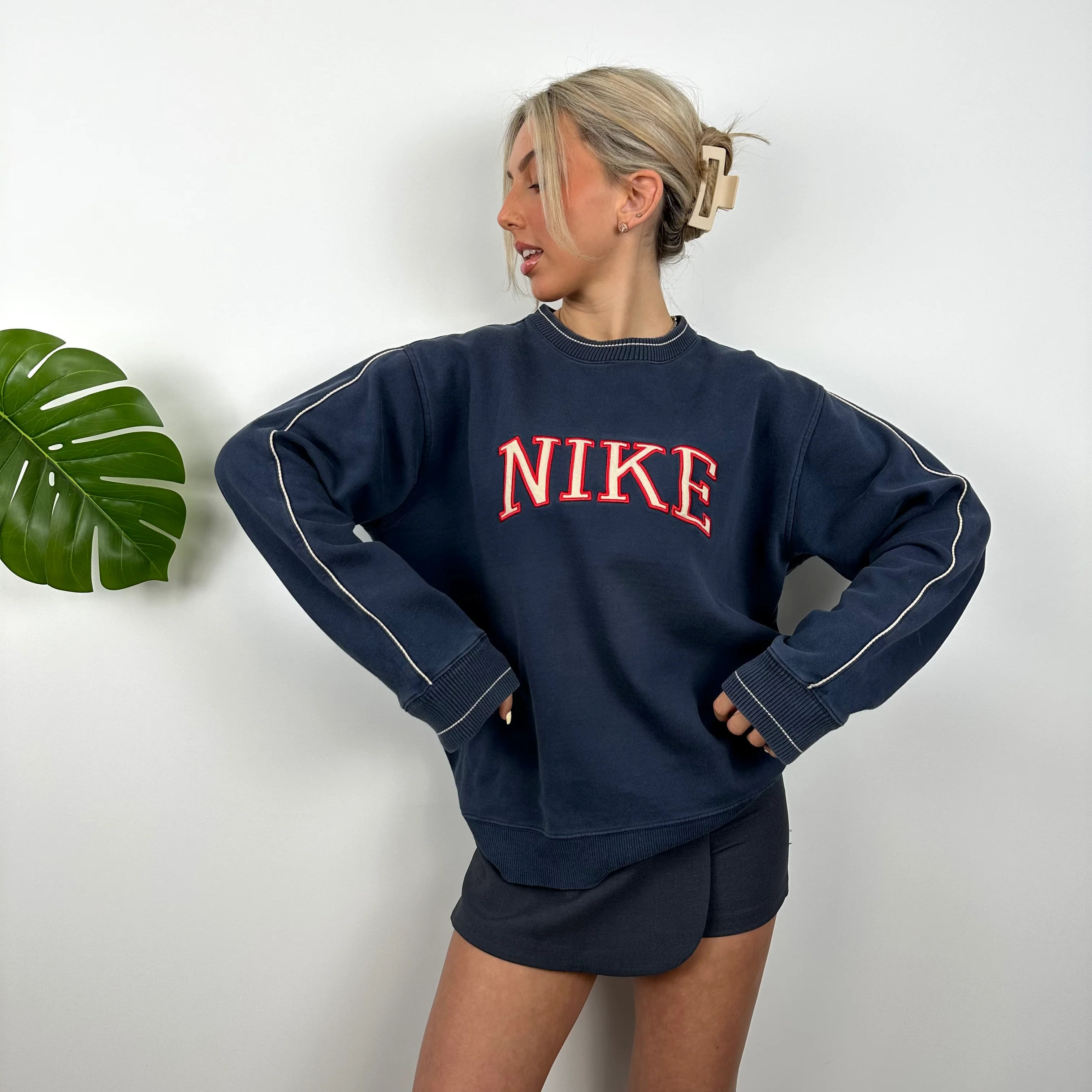 Nike Navy Embroidered Spell Out Sweatshirt (M) - Image 5