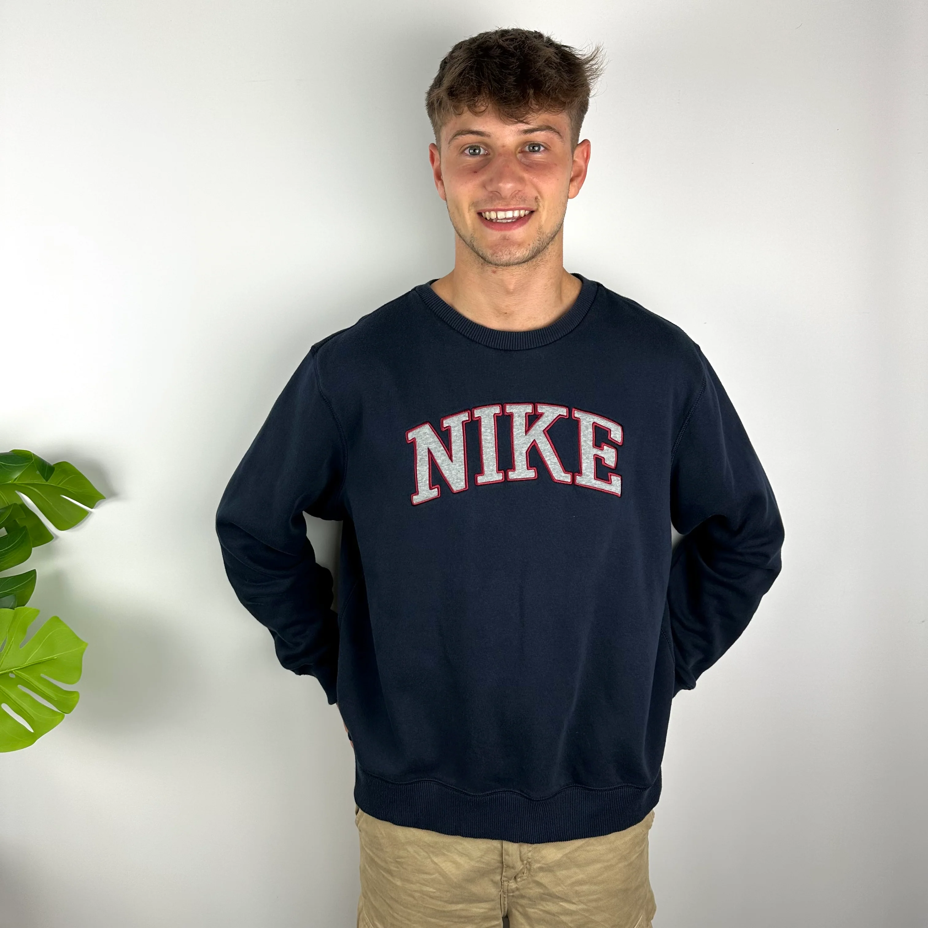 Nike Navy Embroidered Spell Out Sweatshirt (XL) - Image 3