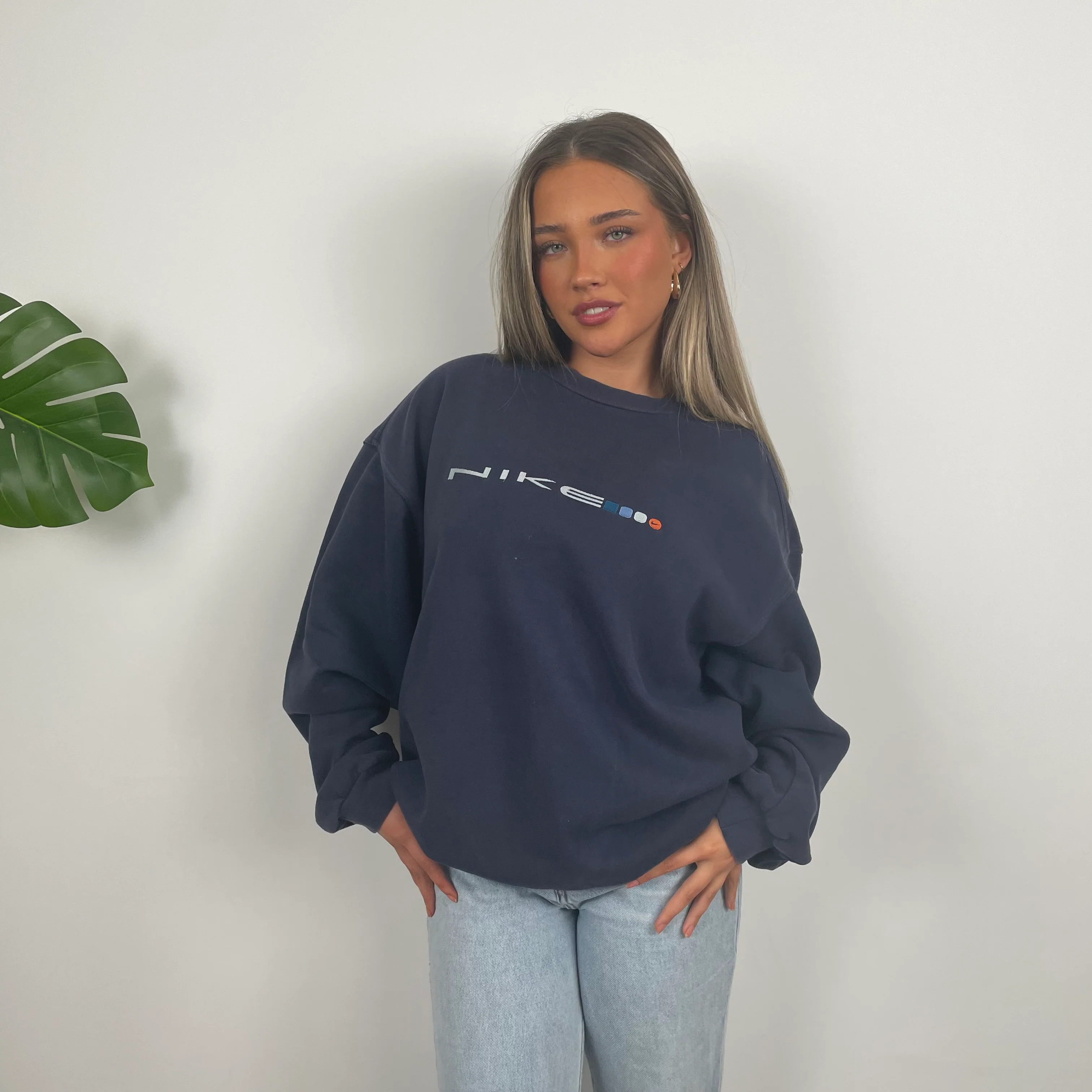 Nike Navy Embroidered Spell Out Sweatshirt (L) - Image 4