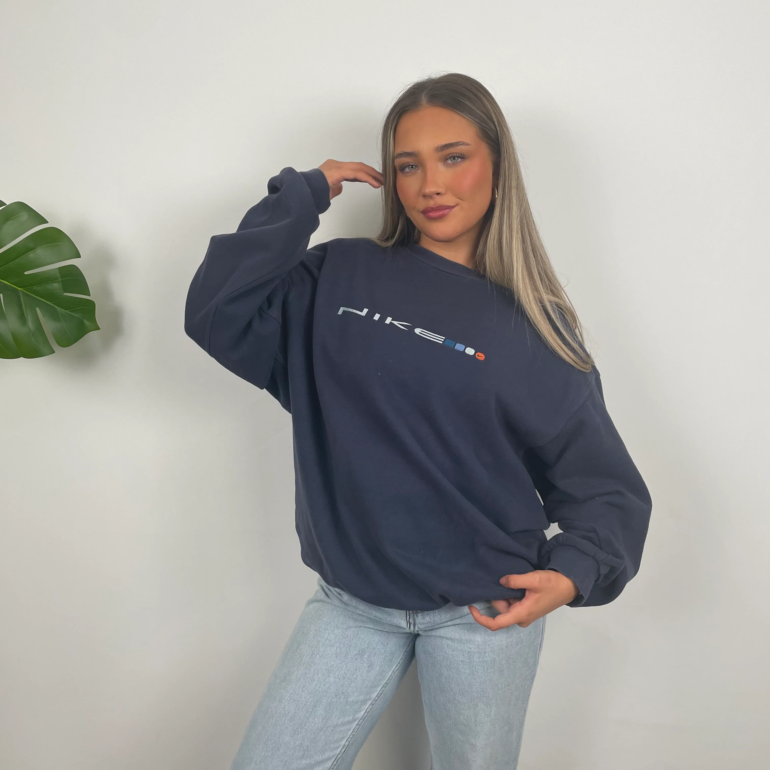 Nike Navy Embroidered Spell Out Sweatshirt (L) - Image 5
