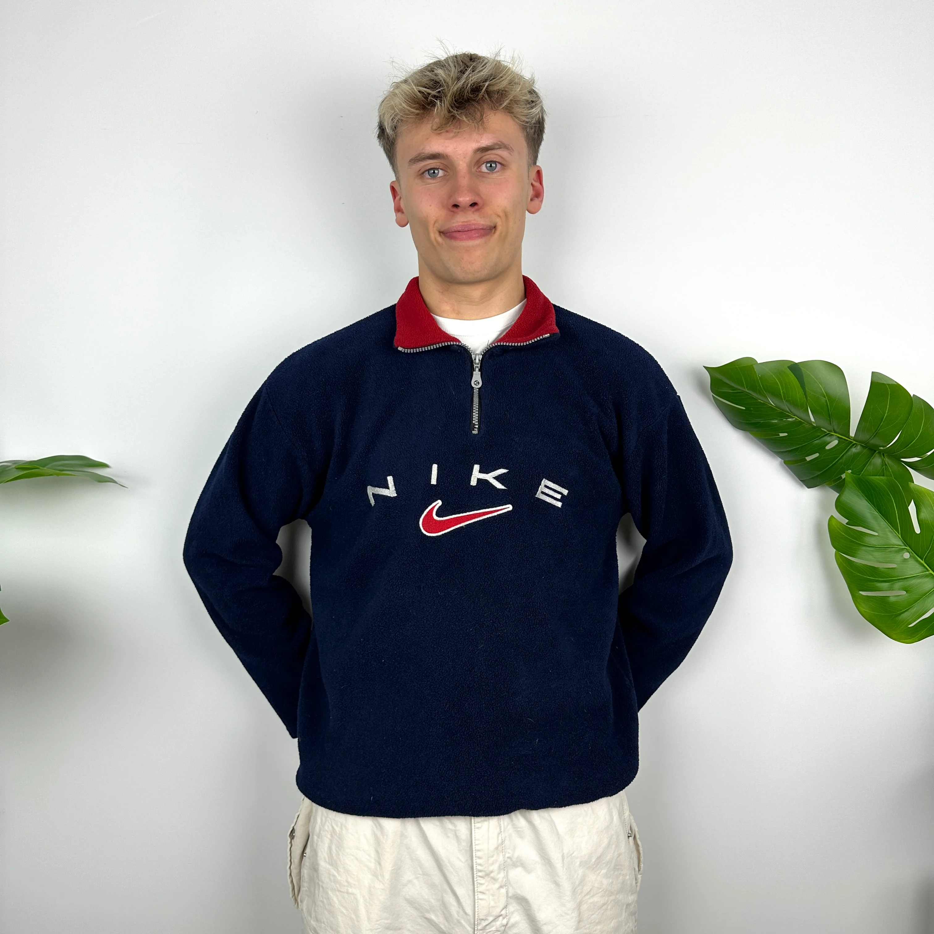 Nike Navy Embroidered Spell Out Teddy Bear Fleece Quarter Zip (M) - Image 2