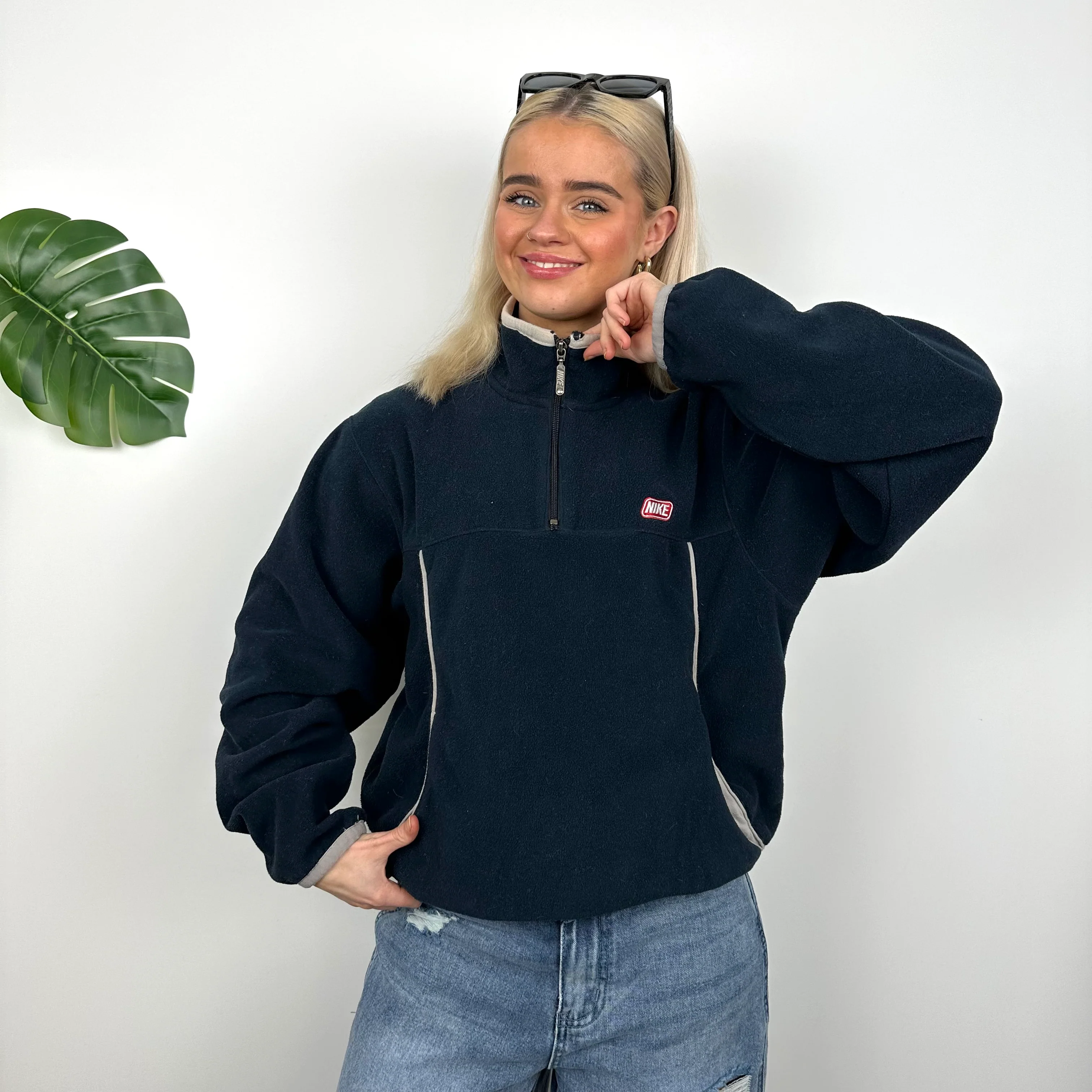 Nike Navy Embroidered Spell Out Teddy Bear Fleece Quarter Zip (S) - Image 2